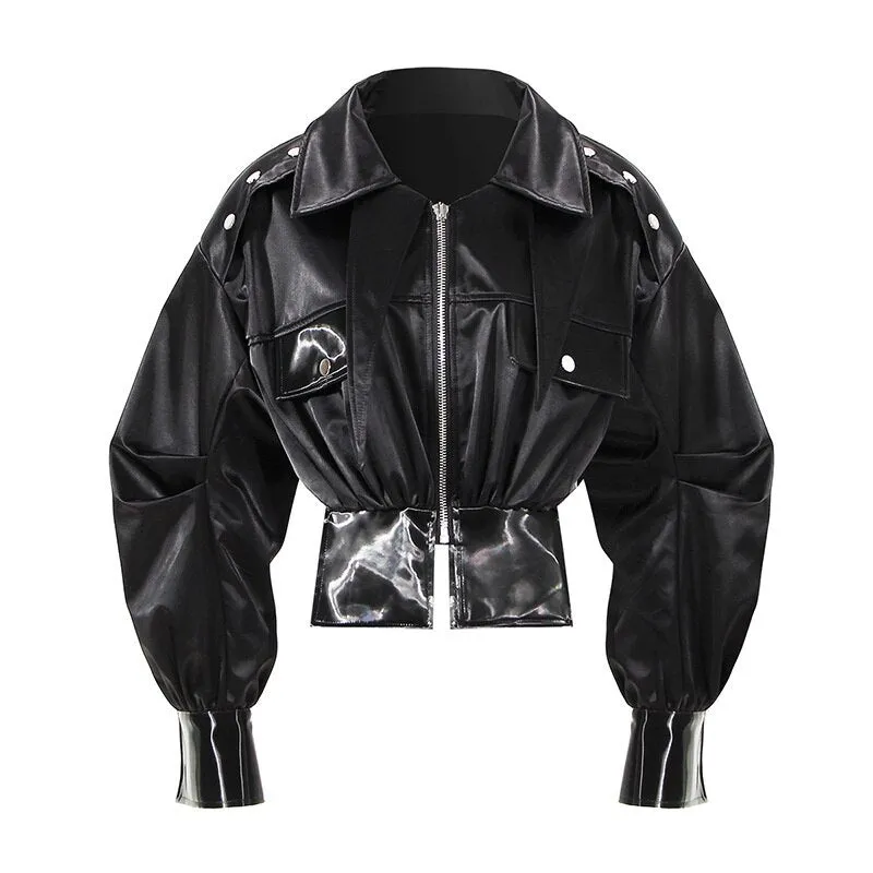 2022 New Autumn Women Motorcycle Jackets Zipper Spliced Short Faux Leather Coat