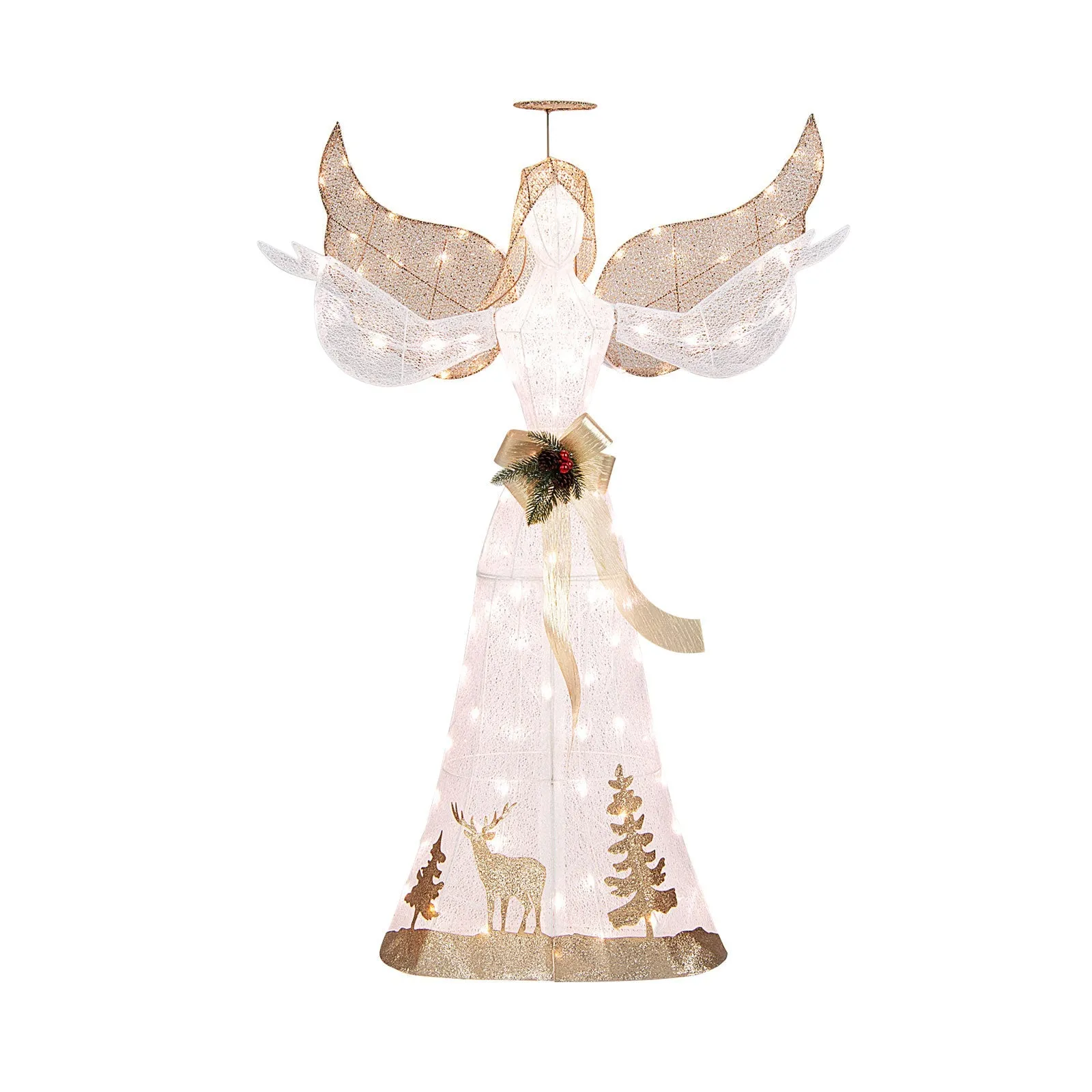 3D Lighted Outdoor Christmas Angel with Lights, Halo, Bow, Ground Stakes