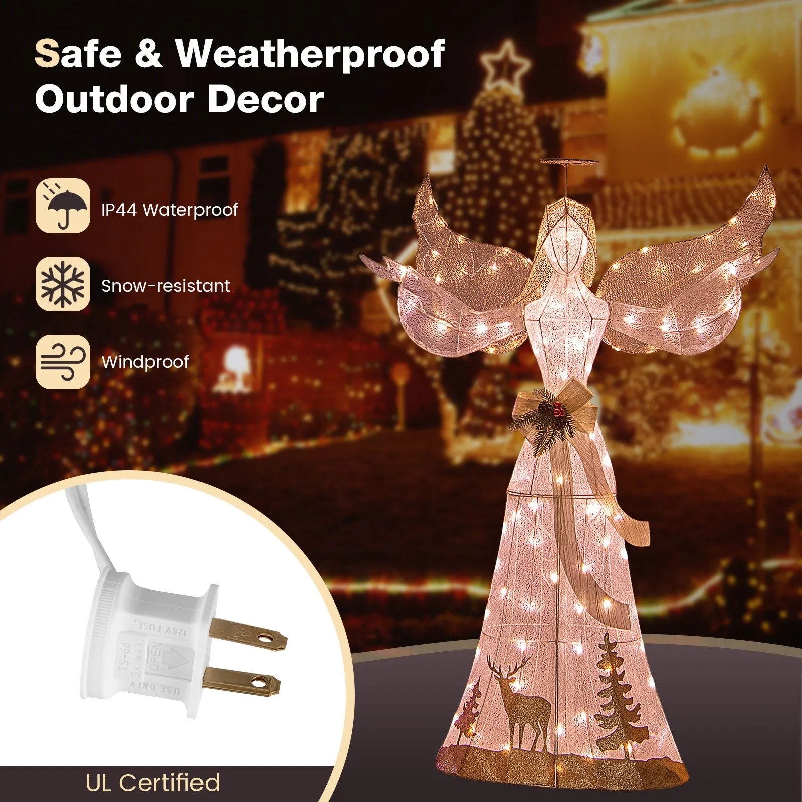 3D Lighted Outdoor Christmas Angel with Lights, Halo, Bow, Ground Stakes