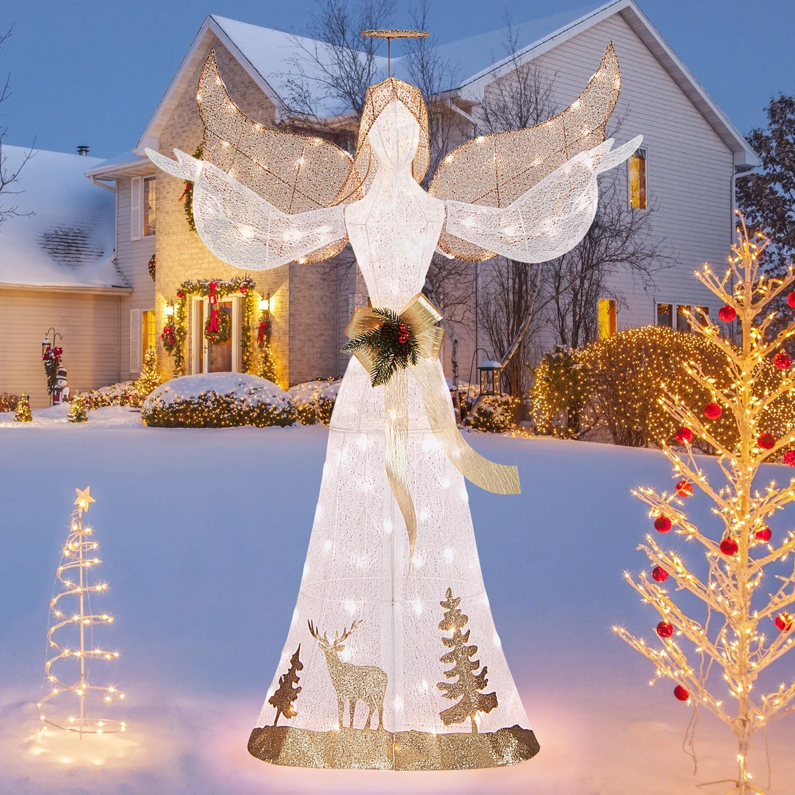 3D Lighted Outdoor Christmas Angel with Lights, Halo, Bow, Ground Stakes