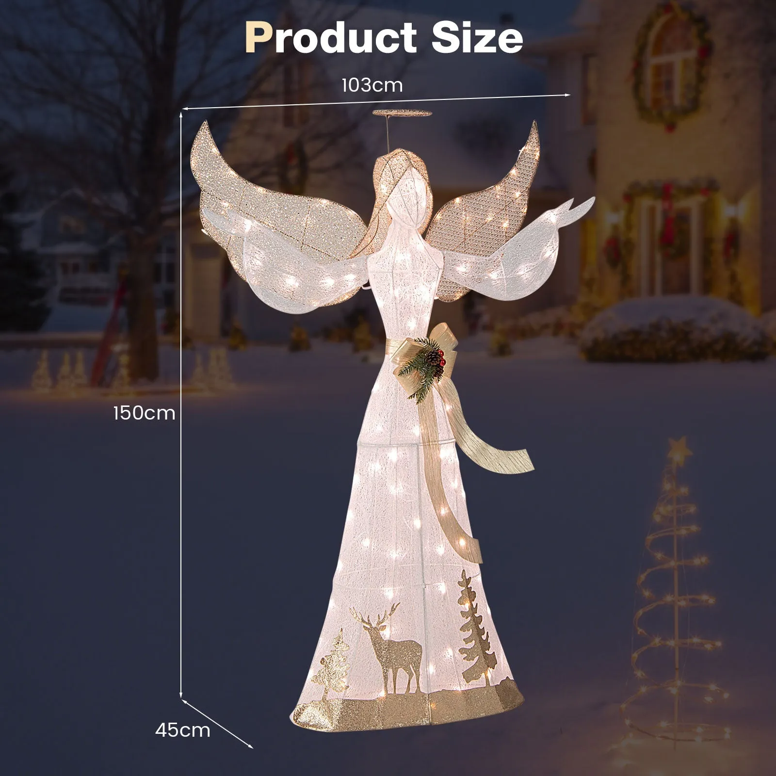 3D Lighted Outdoor Christmas Angel with Lights, Halo, Bow, Ground Stakes