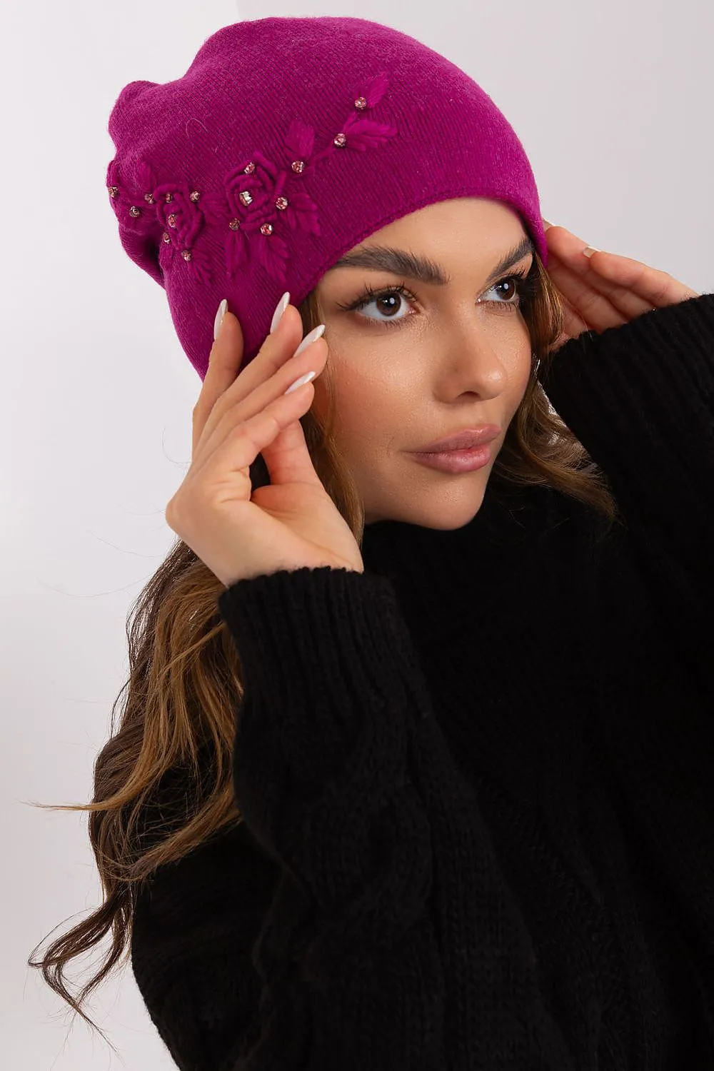 AT Flower Rhinestone Beanie Hat