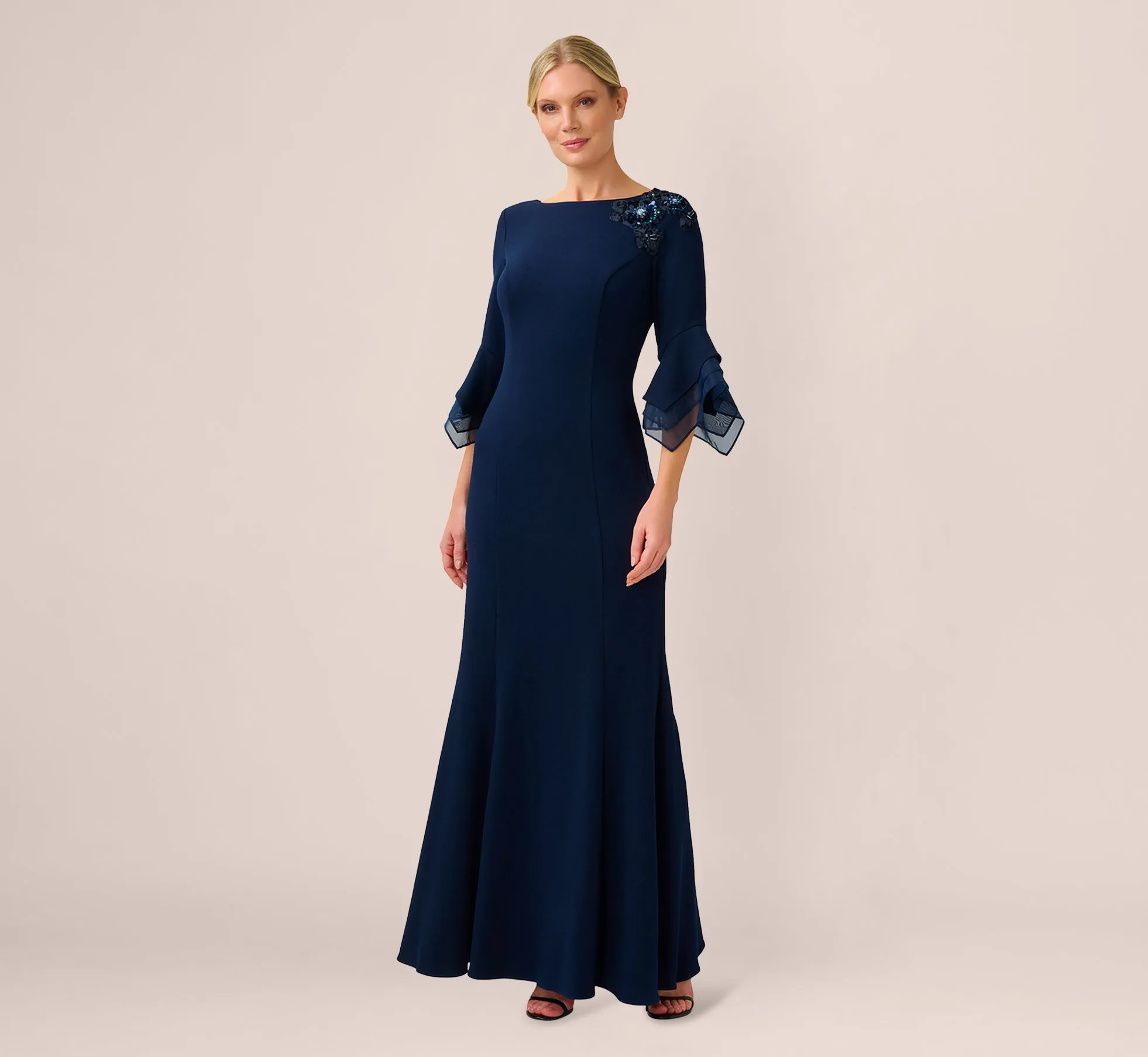 Beaded Crepe Long Fit-And-Flare Gown In Midnight