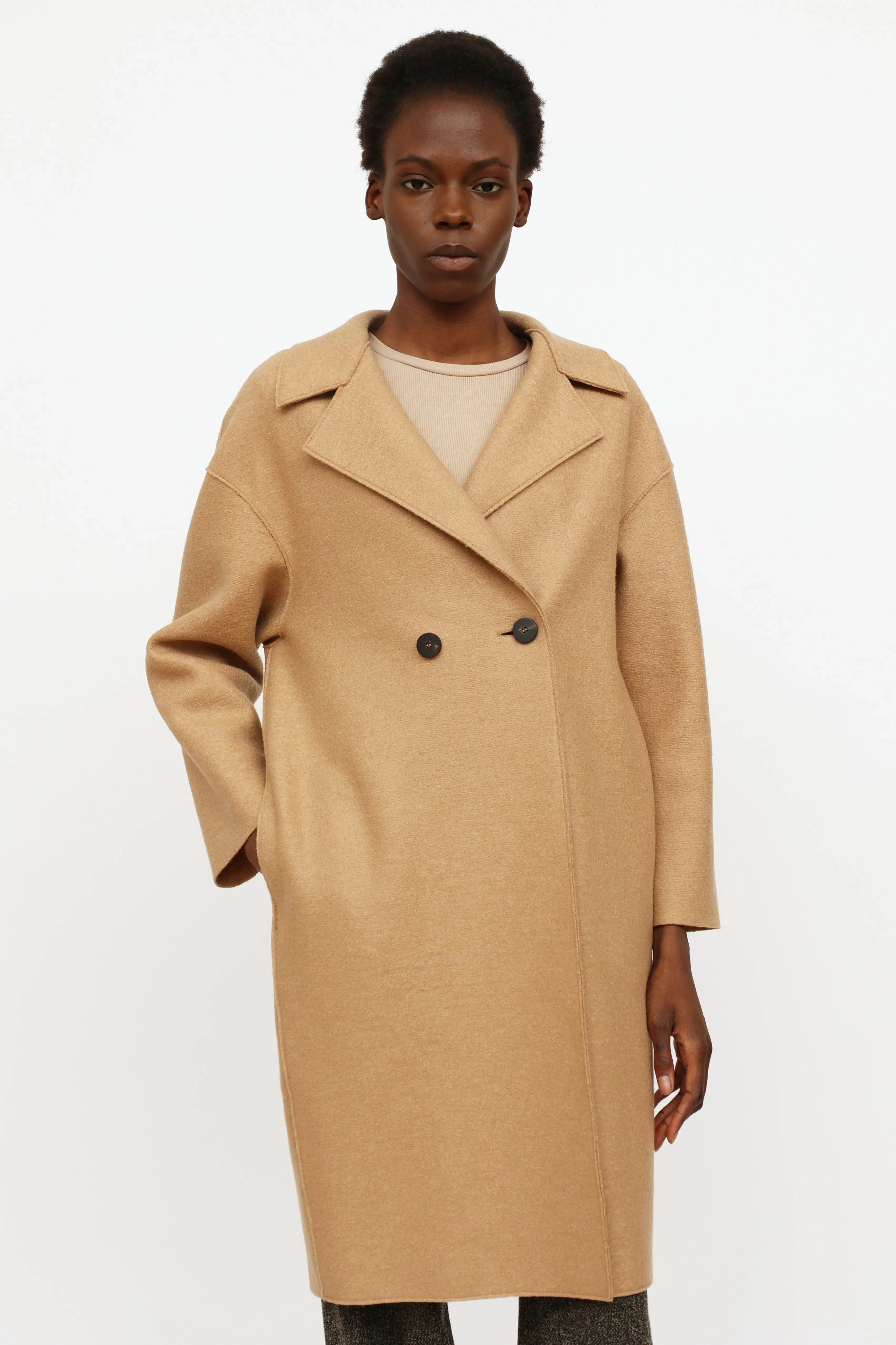 Beige Wool Double Breasted Coat