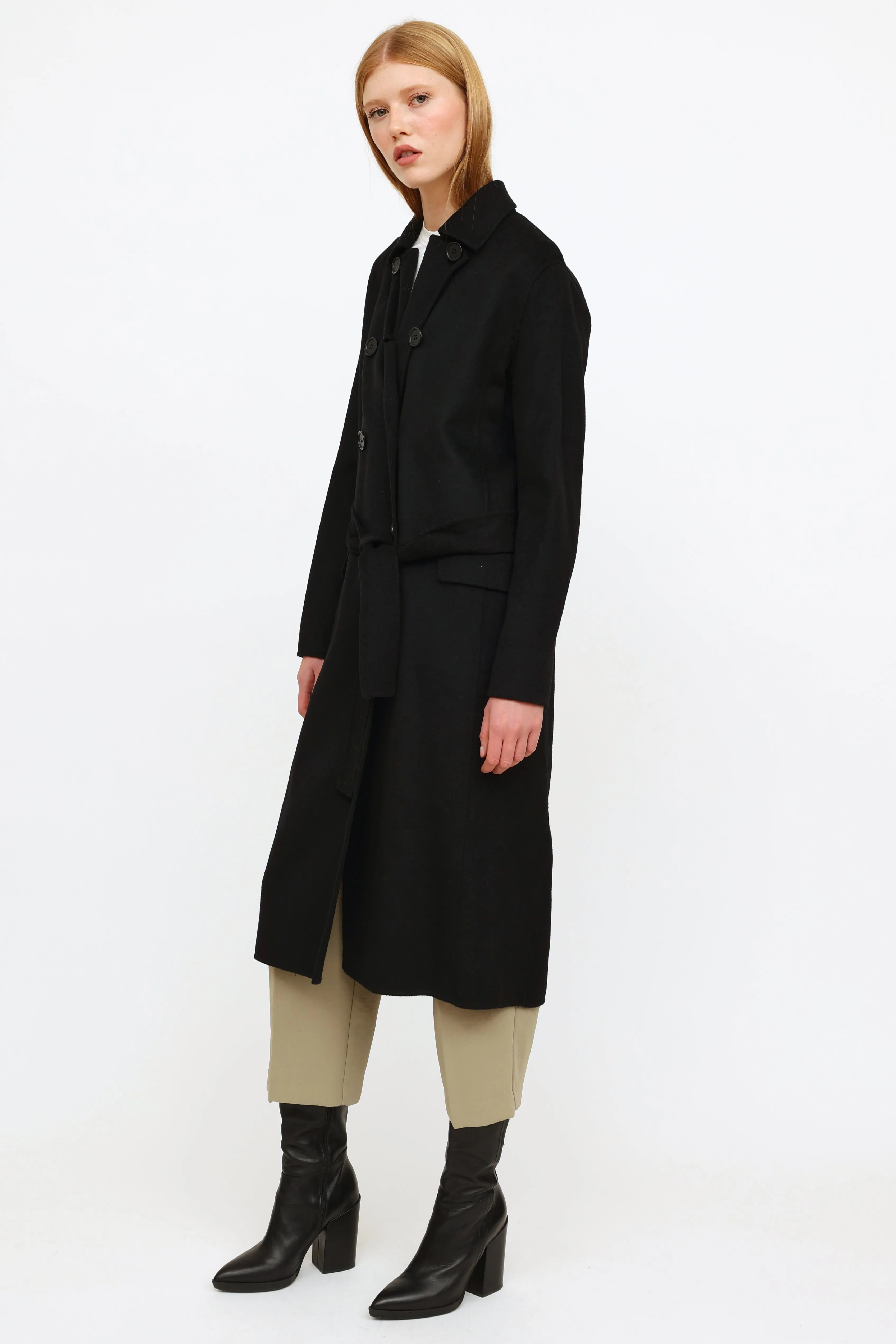 Black Belted Wool Blend Coat