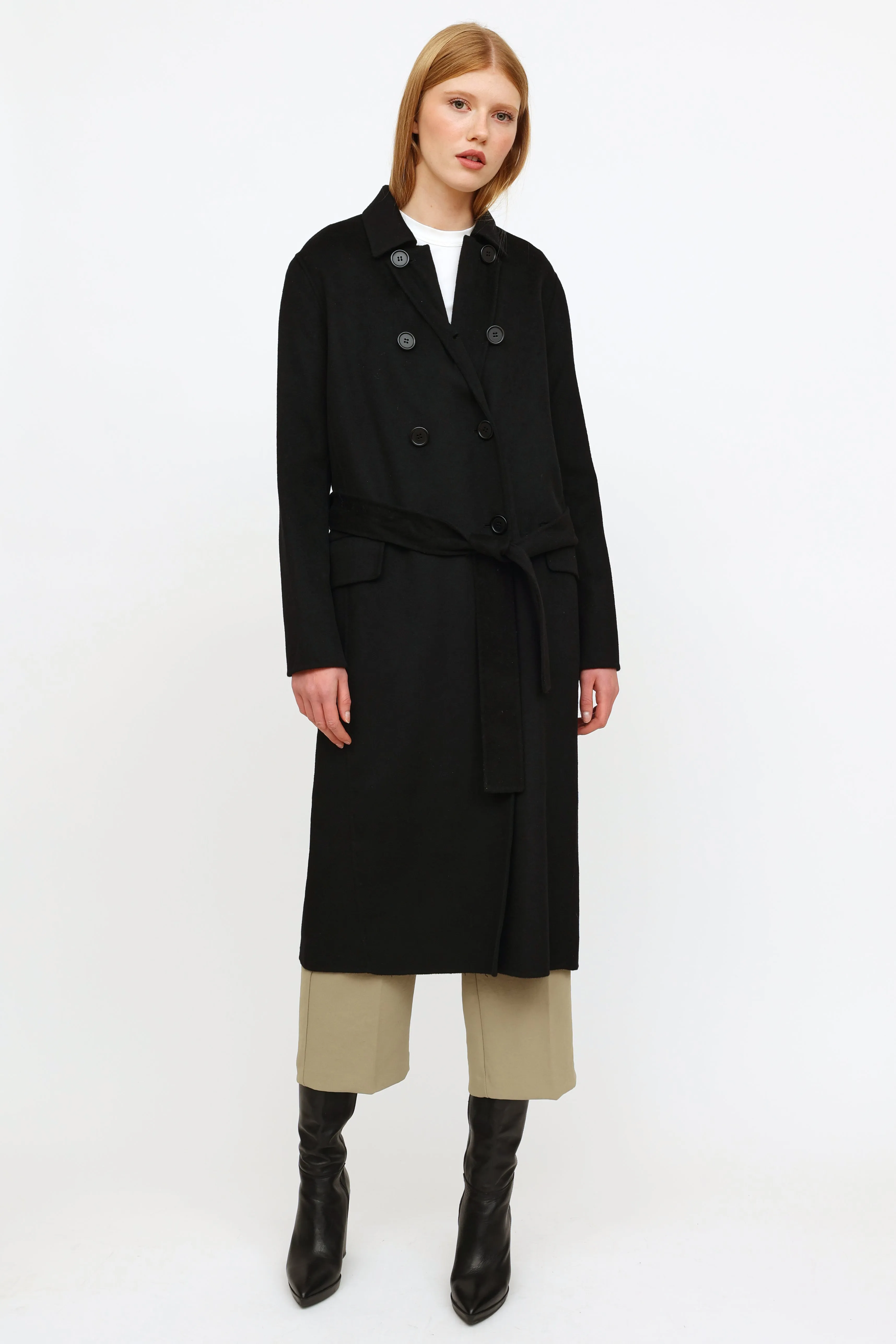 Black Belted Wool Blend Coat