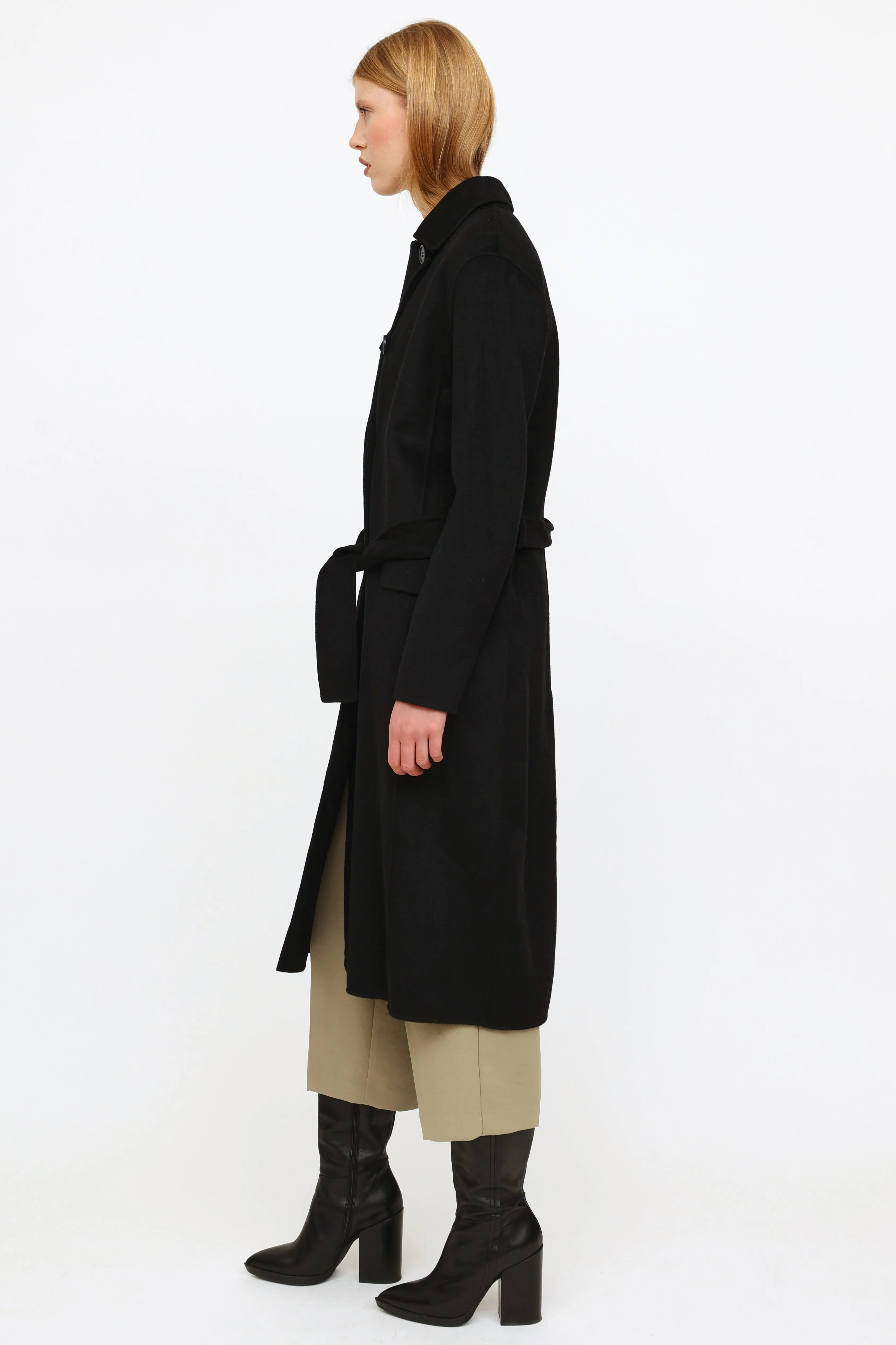 Black Belted Wool Blend Coat