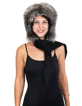 BLACK CASHMERE SCARF W/ SILVER FOX FUR HOOD, HOODED SCARF