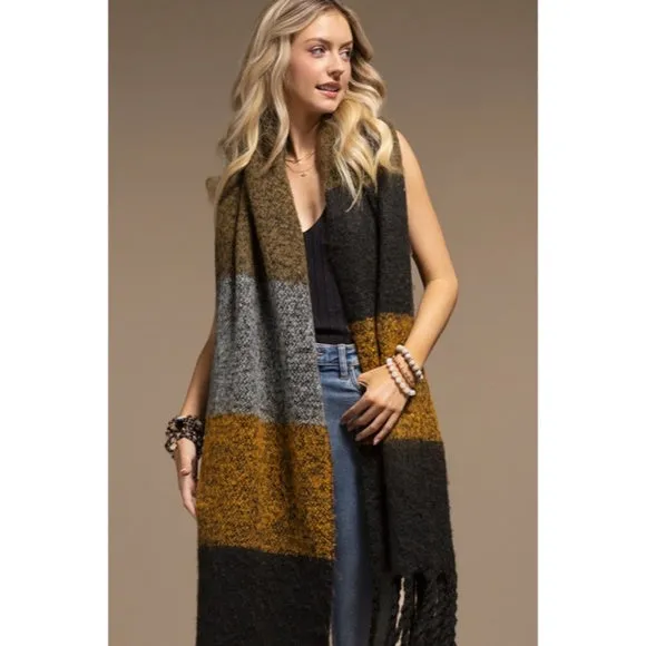 Black Multi Plush Wide Stripe Oblong Scarf Winter Women's Casual Knit Extra Long