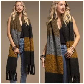 Black Multi Plush Wide Stripe Oblong Scarf Winter Women's Casual Knit Extra Long