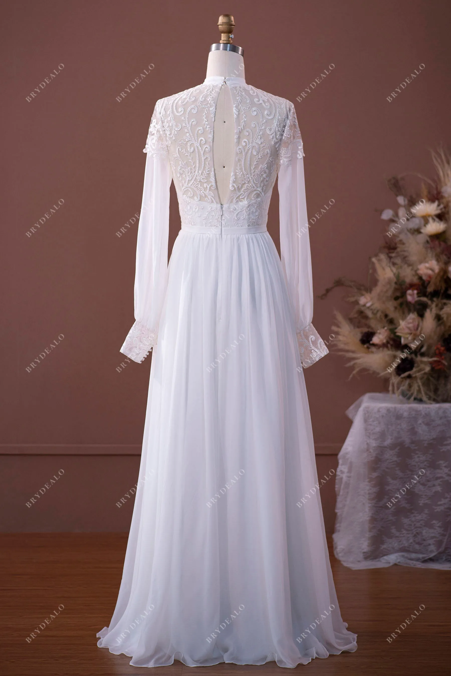 Boho Sleeved Flowy Lace Chiffon Wedding Dress