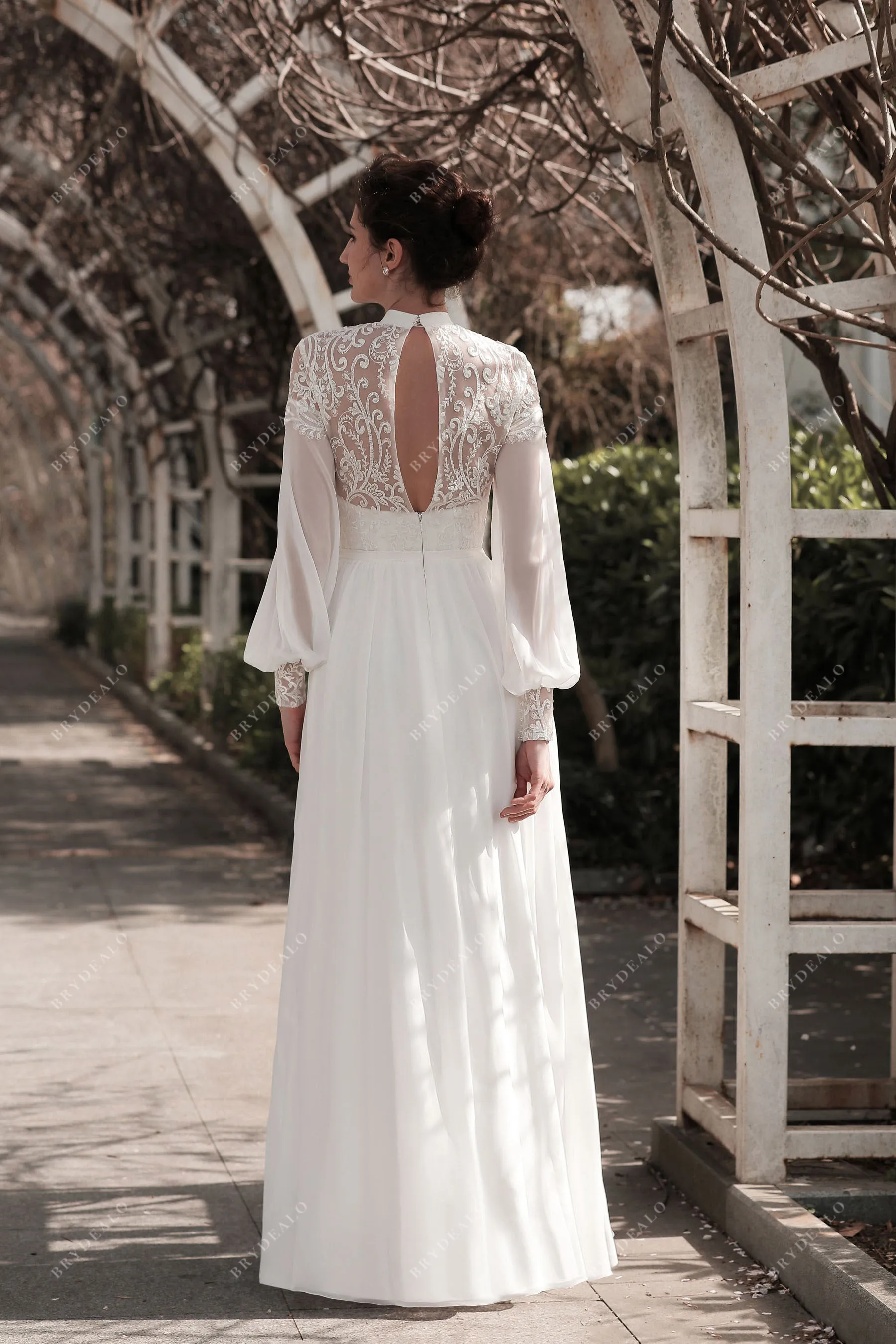 Boho Sleeved Flowy Lace Chiffon Wedding Dress