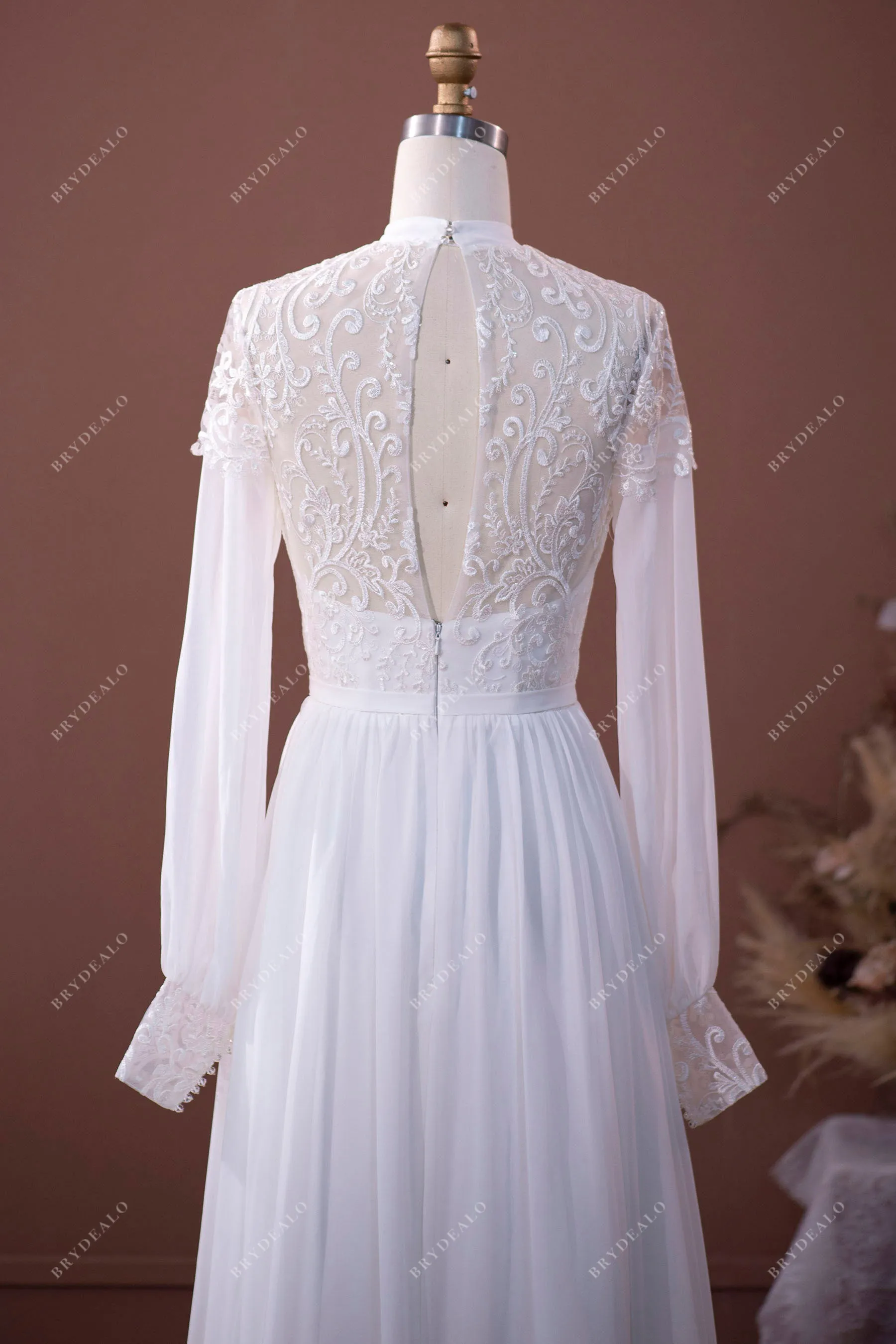 Boho Sleeved Flowy Lace Chiffon Wedding Dress