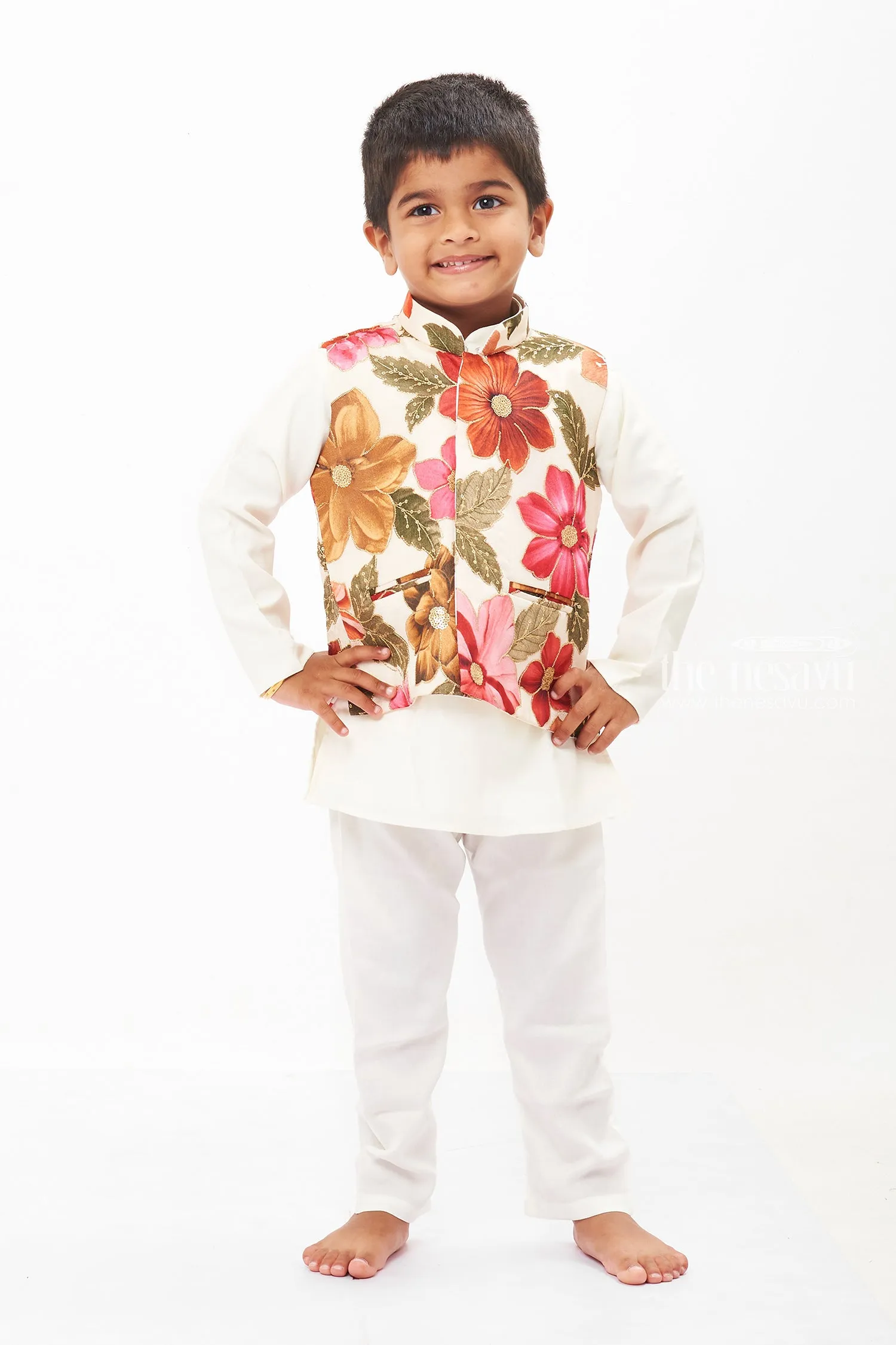 Boys Elegant White Kurta Set with Floral Jacket