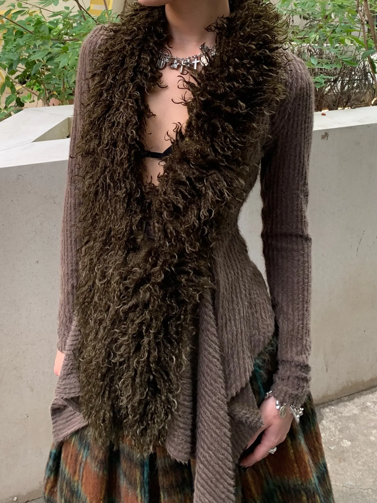 Brown fur( long at the front and short at the back ) slimming knit long sleeve cardigan/jacket/top