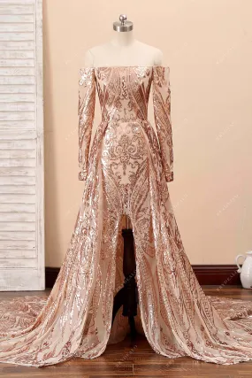 Champagne Patterned Sequin Off Shoulder Prom Gown