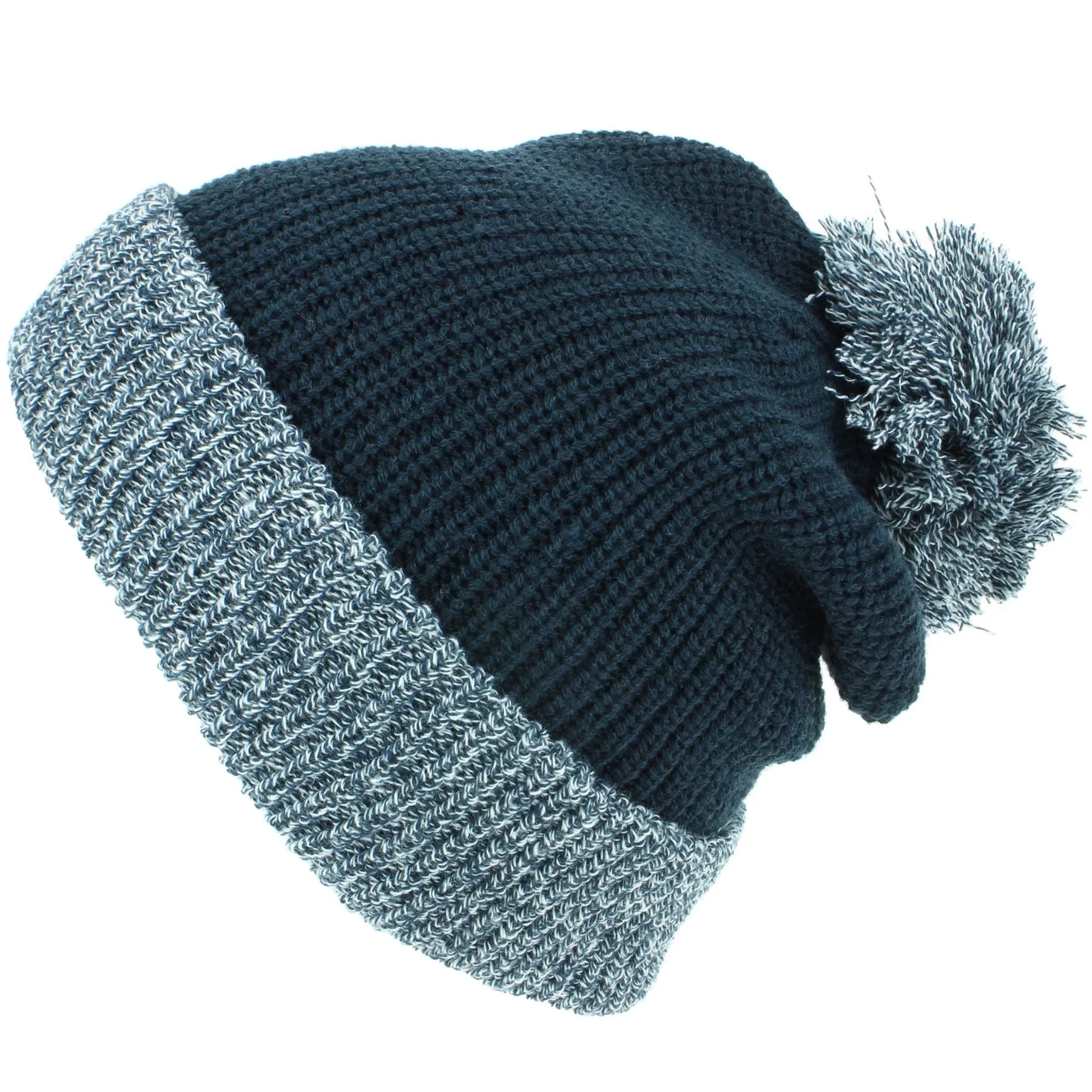 Chunky Double Knit Beanie Hat with Contrast Marl Bobble and Turn-up - Navy