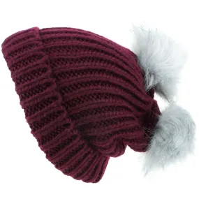 Chunky Knit Beanie Hat with Two Faux Fur Bobbles - Dark Red