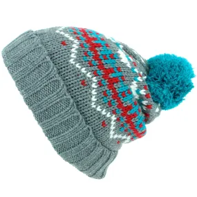 Chunky Knit Fleece Lined Fairisle Bobble Beanie Hat - Grey