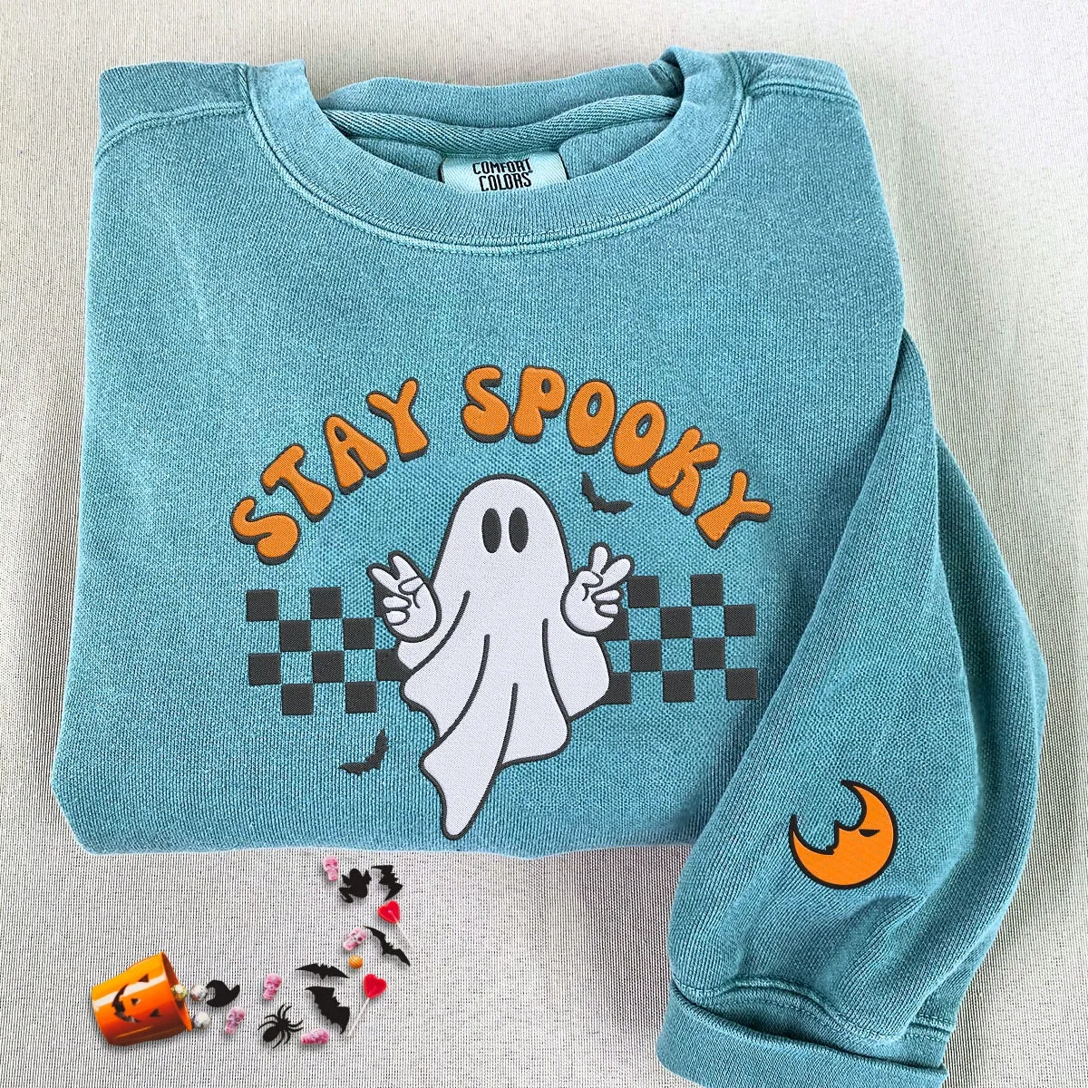 Comfort Color® Embroidered Ghost Stay Spooky Halloween T-Shirt or Sweatshirt