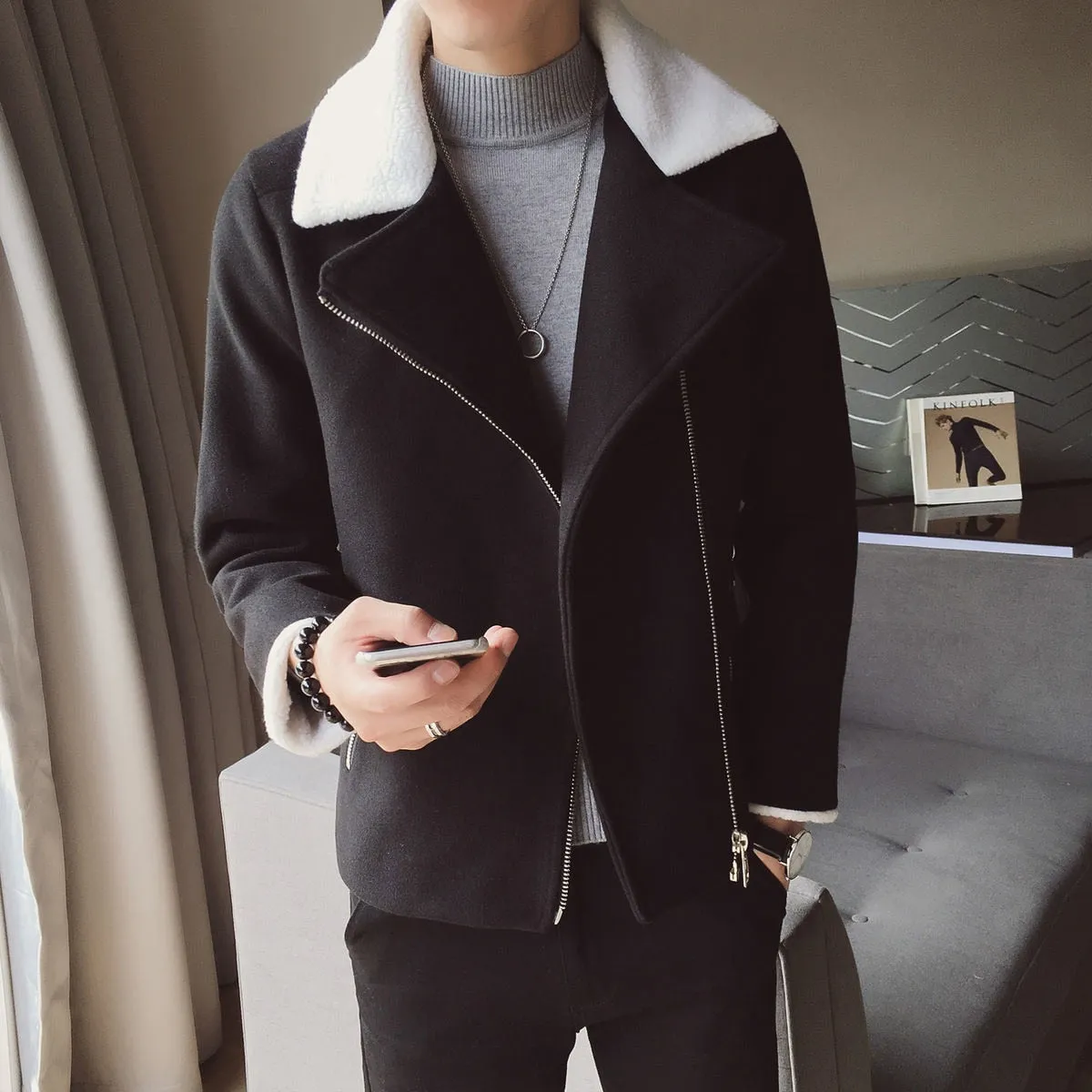 Contrast Collar Lamb Wool Warm Jacket