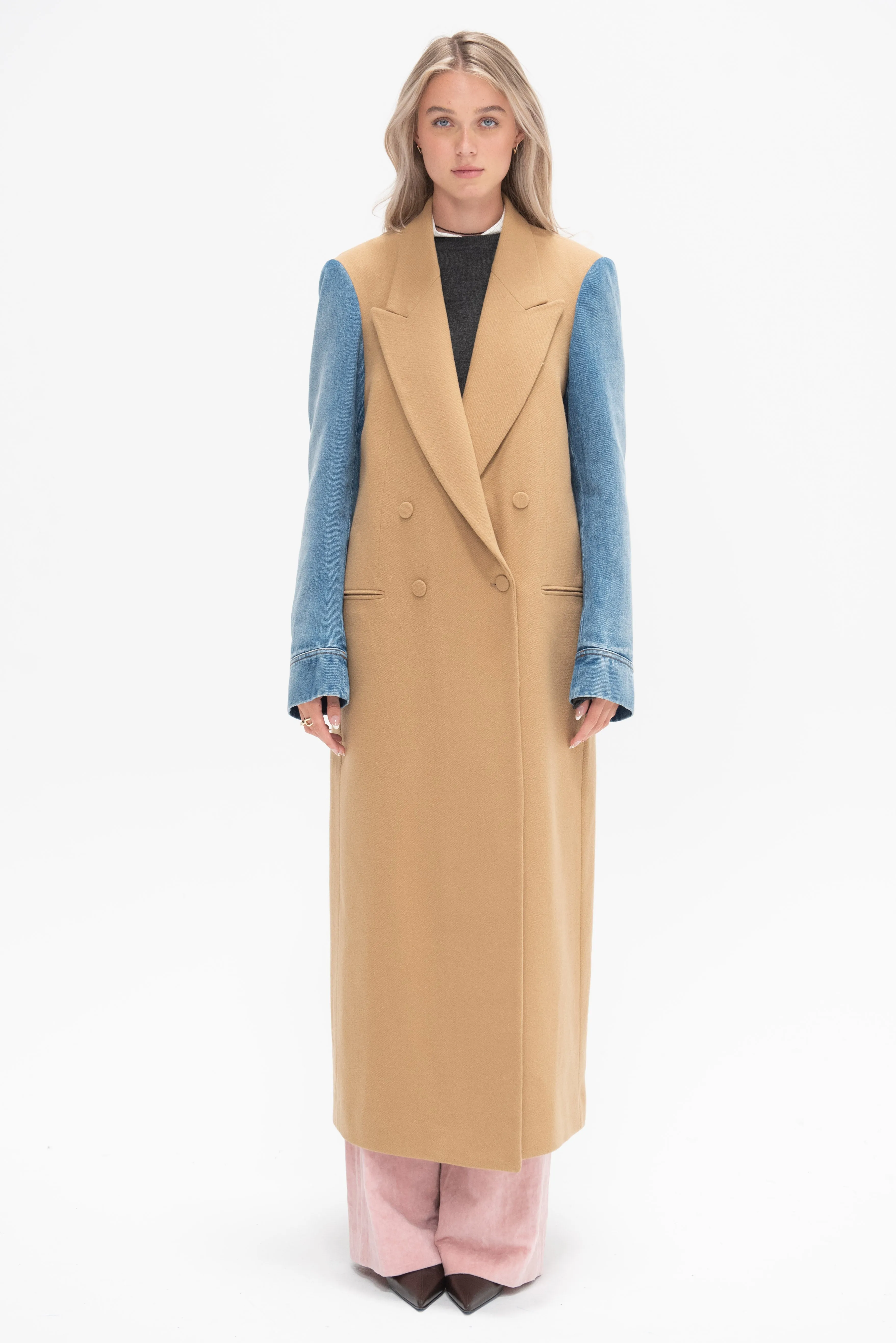 Contrast Sleeve Coat, Camel