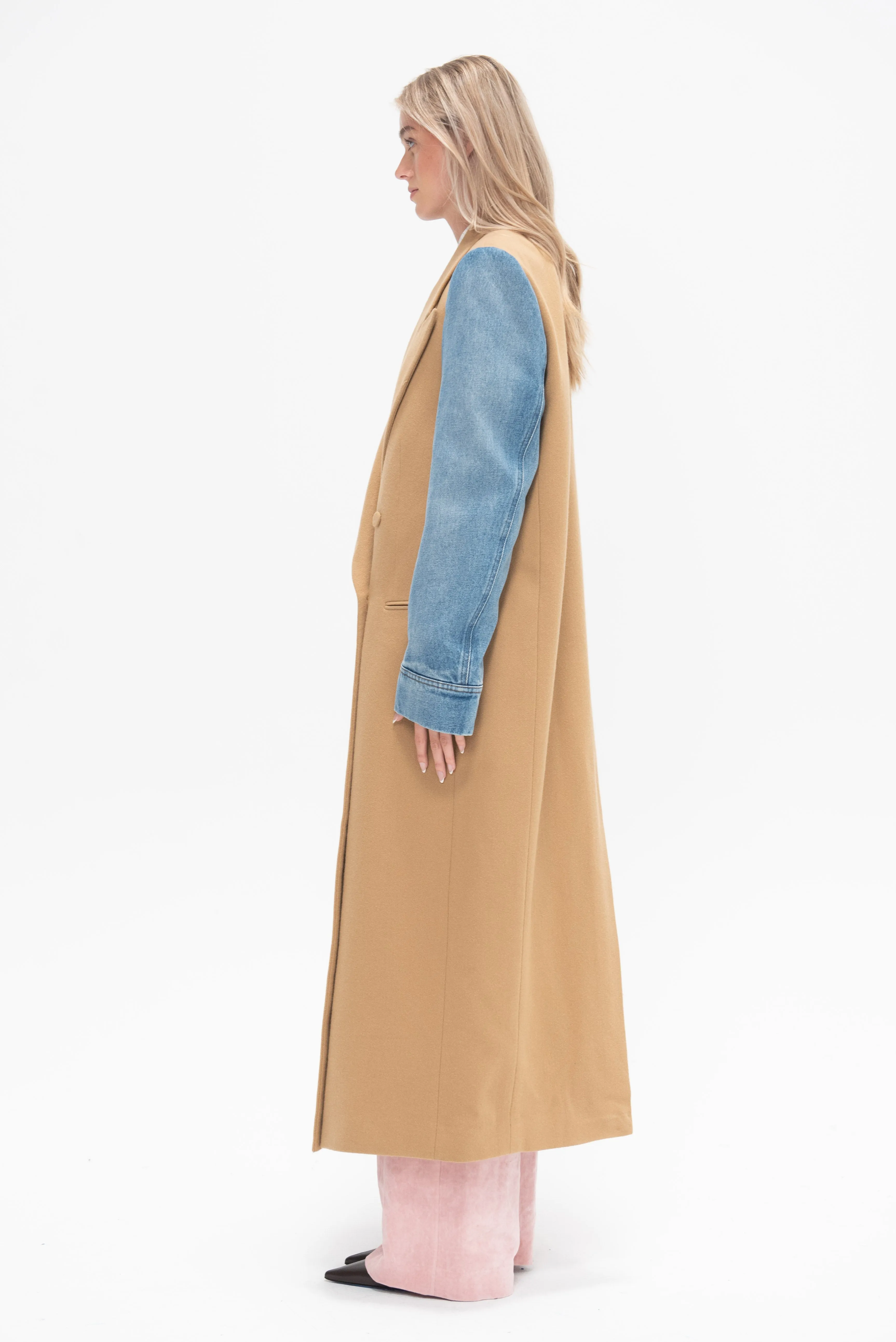 Contrast Sleeve Coat, Camel