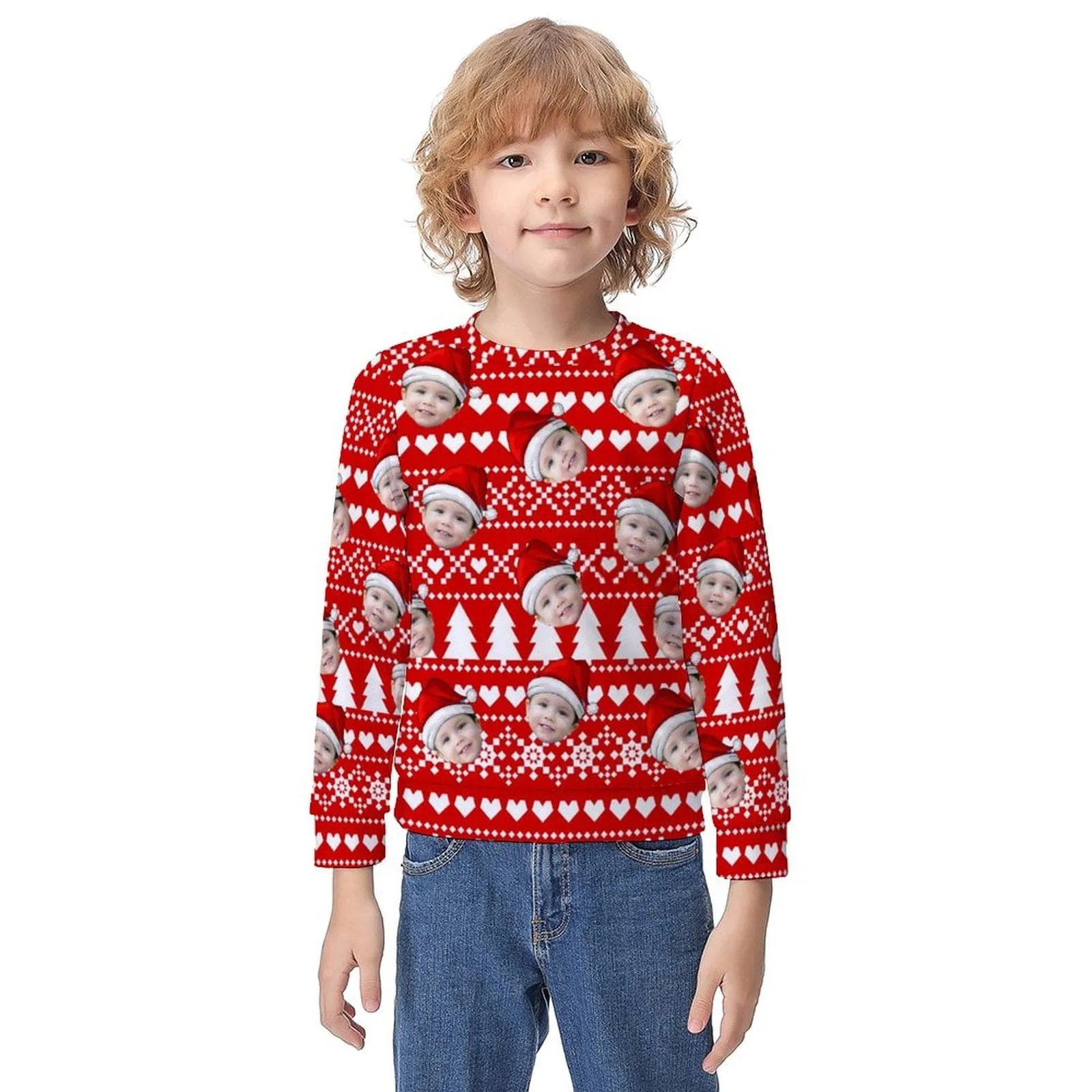 Custom Face Christmas Red Pattern Kids' All Over Print Sweatshirt