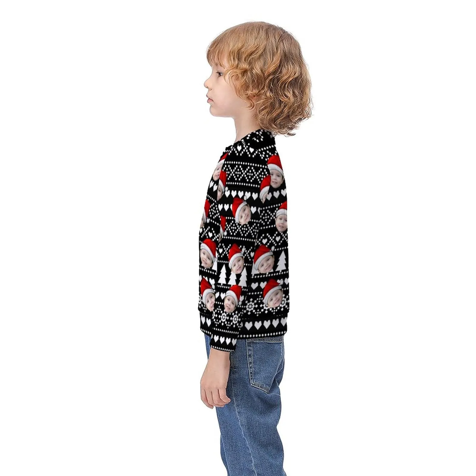 Custom Face Christmas Tree Heart Black Kids' All Over Print Sweatshirt