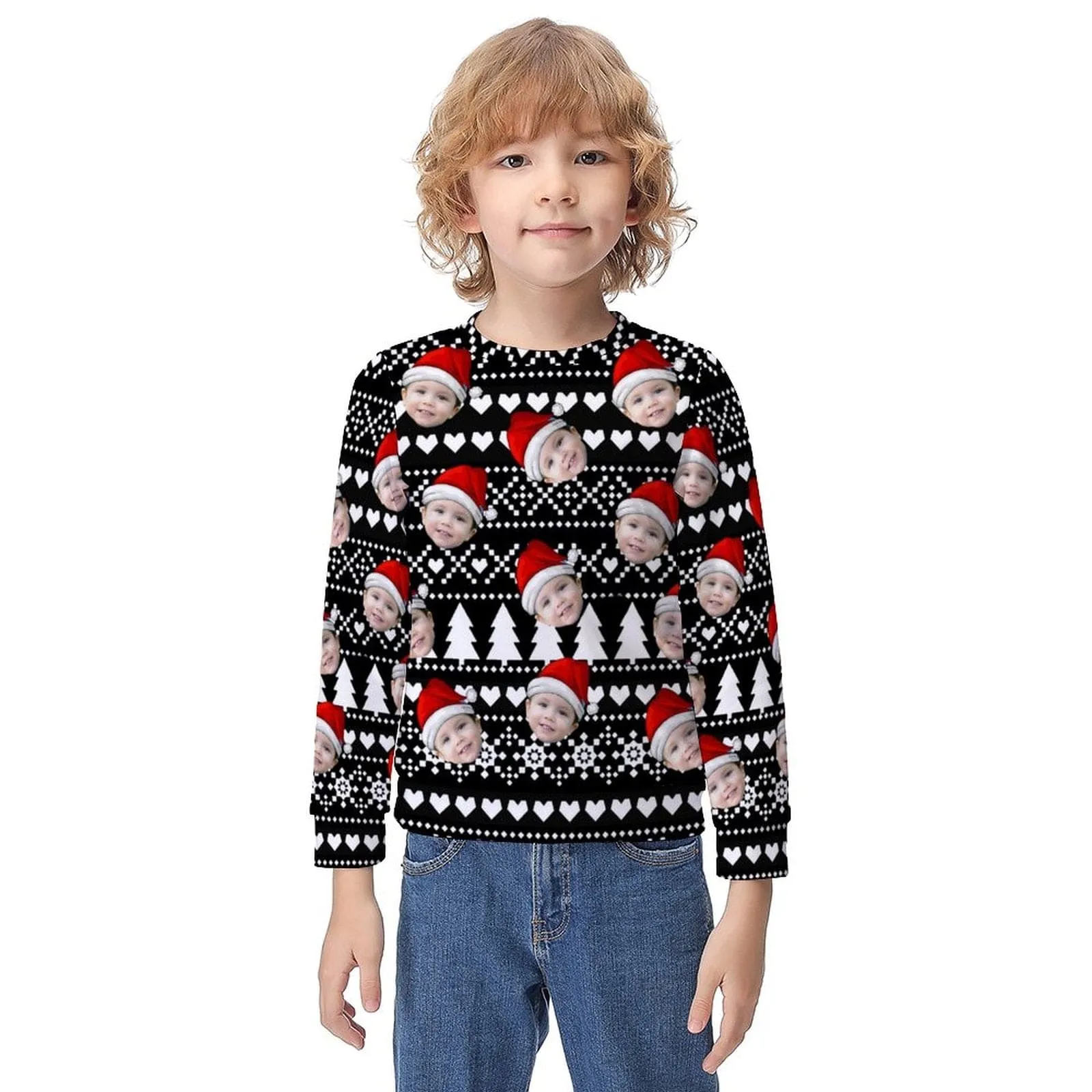 Custom Face Christmas Tree Heart Black Kids' All Over Print Sweatshirt