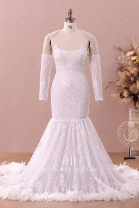 Detachable Off Shoulder Sleeved Sequin Feather Wedding Dress