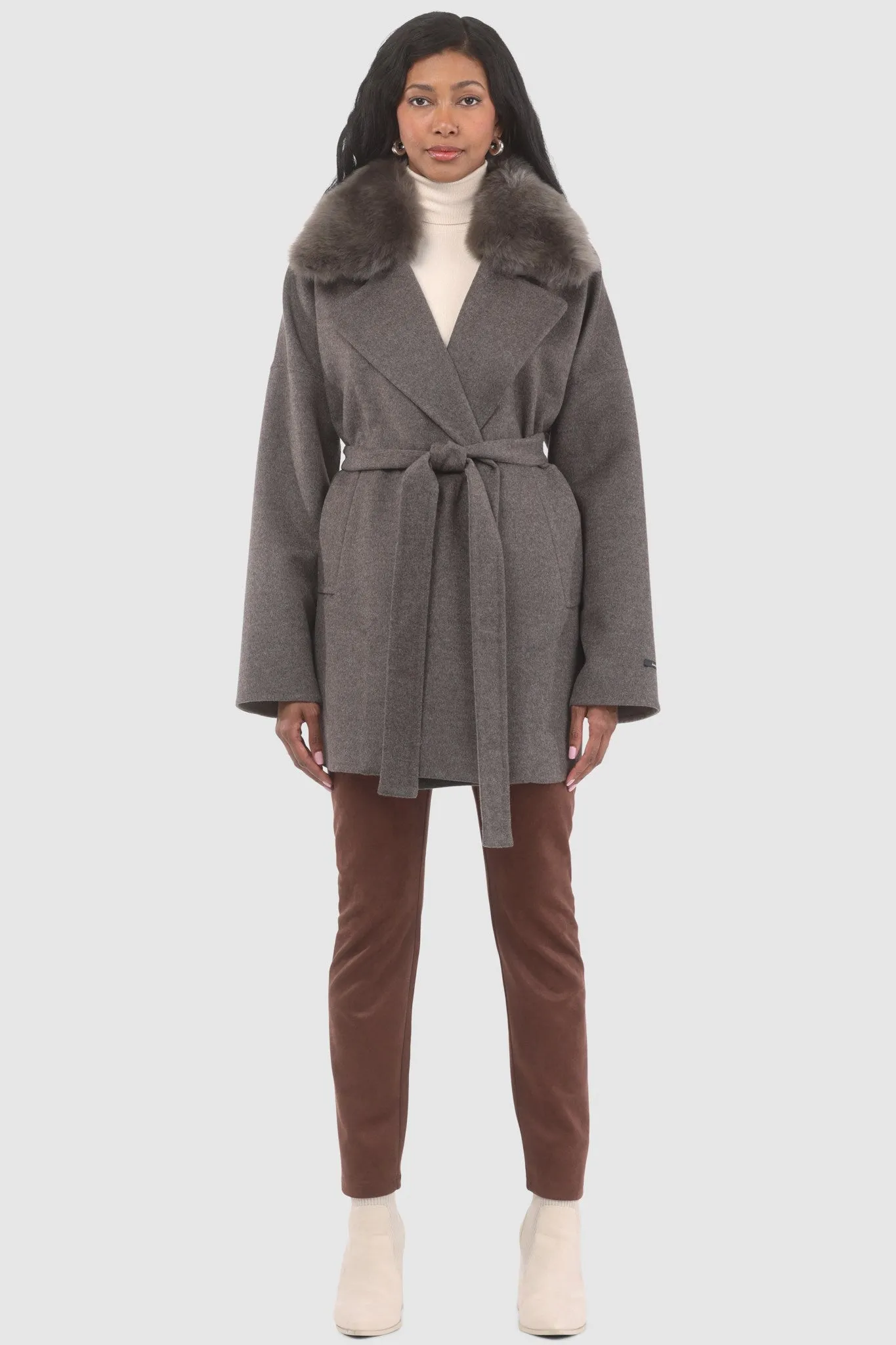 Double Face Loro Piana Cashmere & Wool Belted Jacket with Detachable Merinillo Shearling Lamb Trim