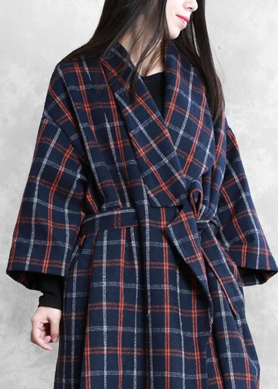 Elegant plus size Coats blue plaid Notched tie waist wool coat for woman