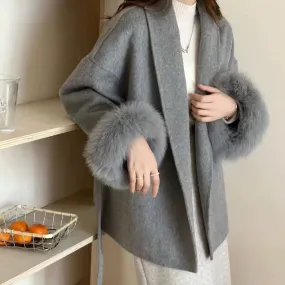 Fashionkova 90s fashion Cuff Fox Fur Short Double-Sided Wool Coat Rich Gold Style Woolen Coat Women's Fashion Winter