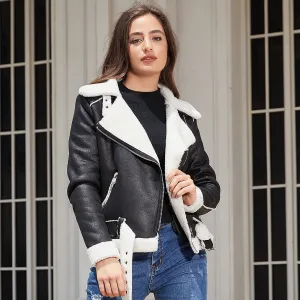 Faux Shearling Suede Fabric Belt Jacket