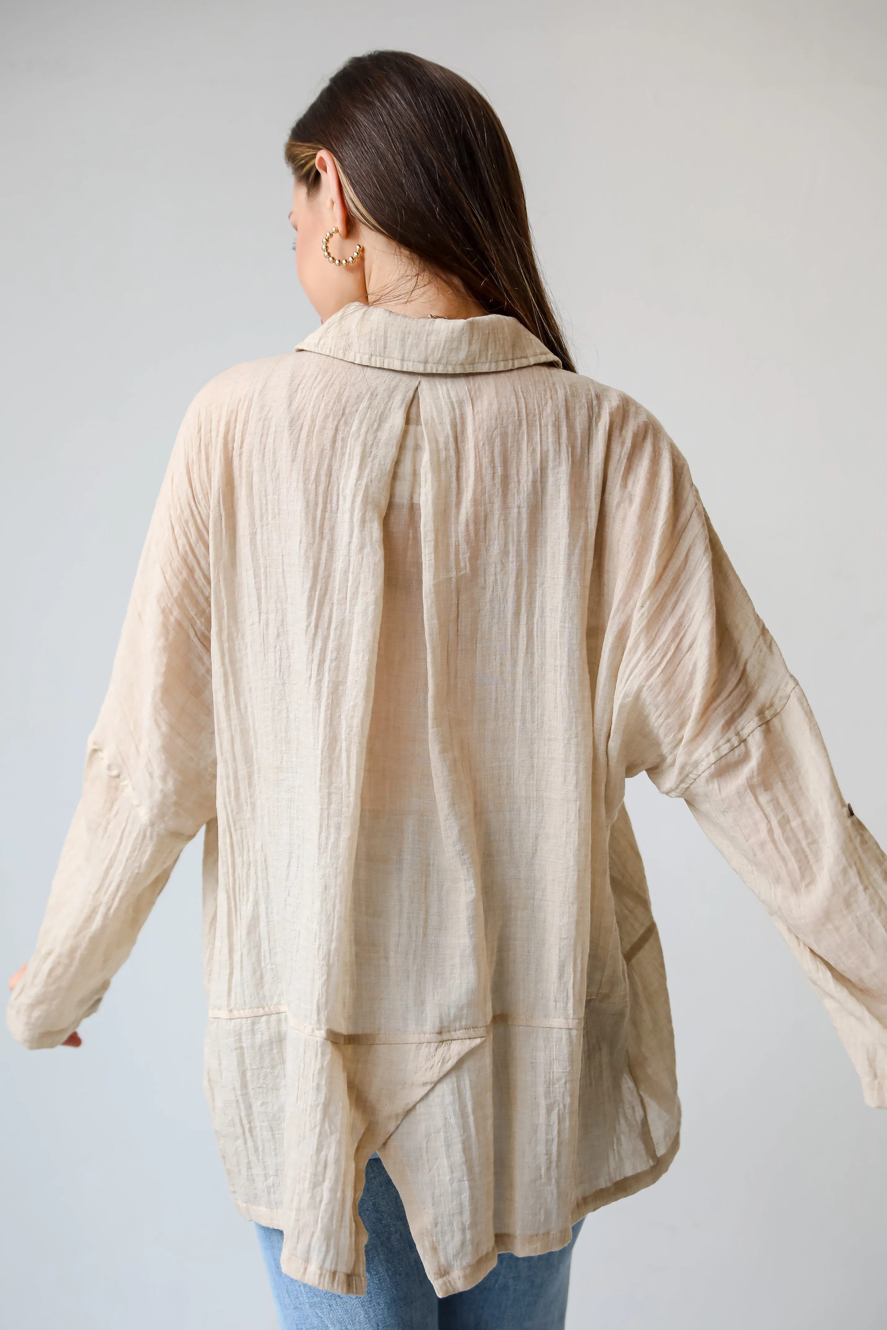 FINAL SALE - Beautiful Breezes Beige Oversized Button-Up Blouse