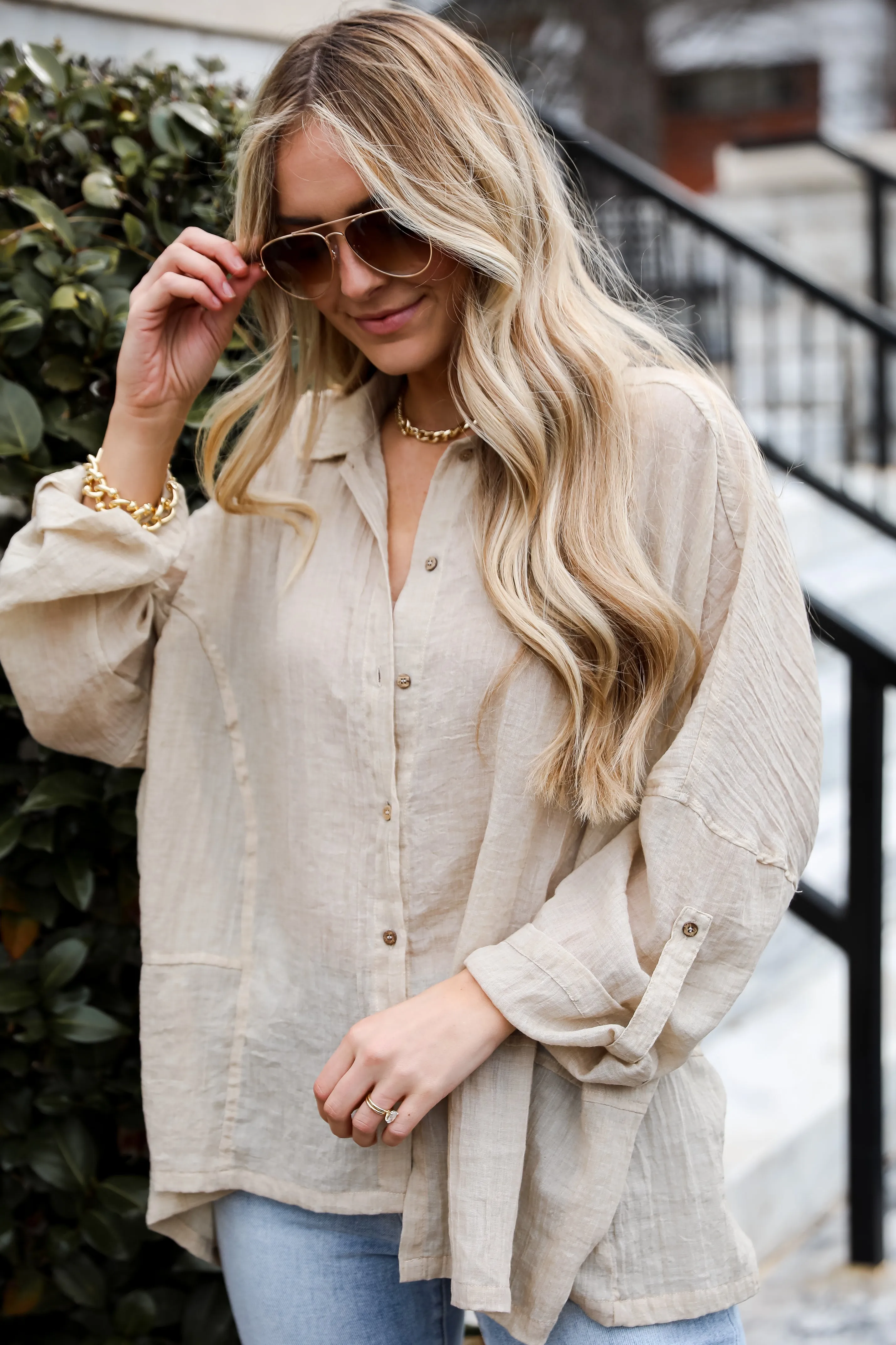 FINAL SALE - Beautiful Breezes Beige Oversized Button-Up Blouse