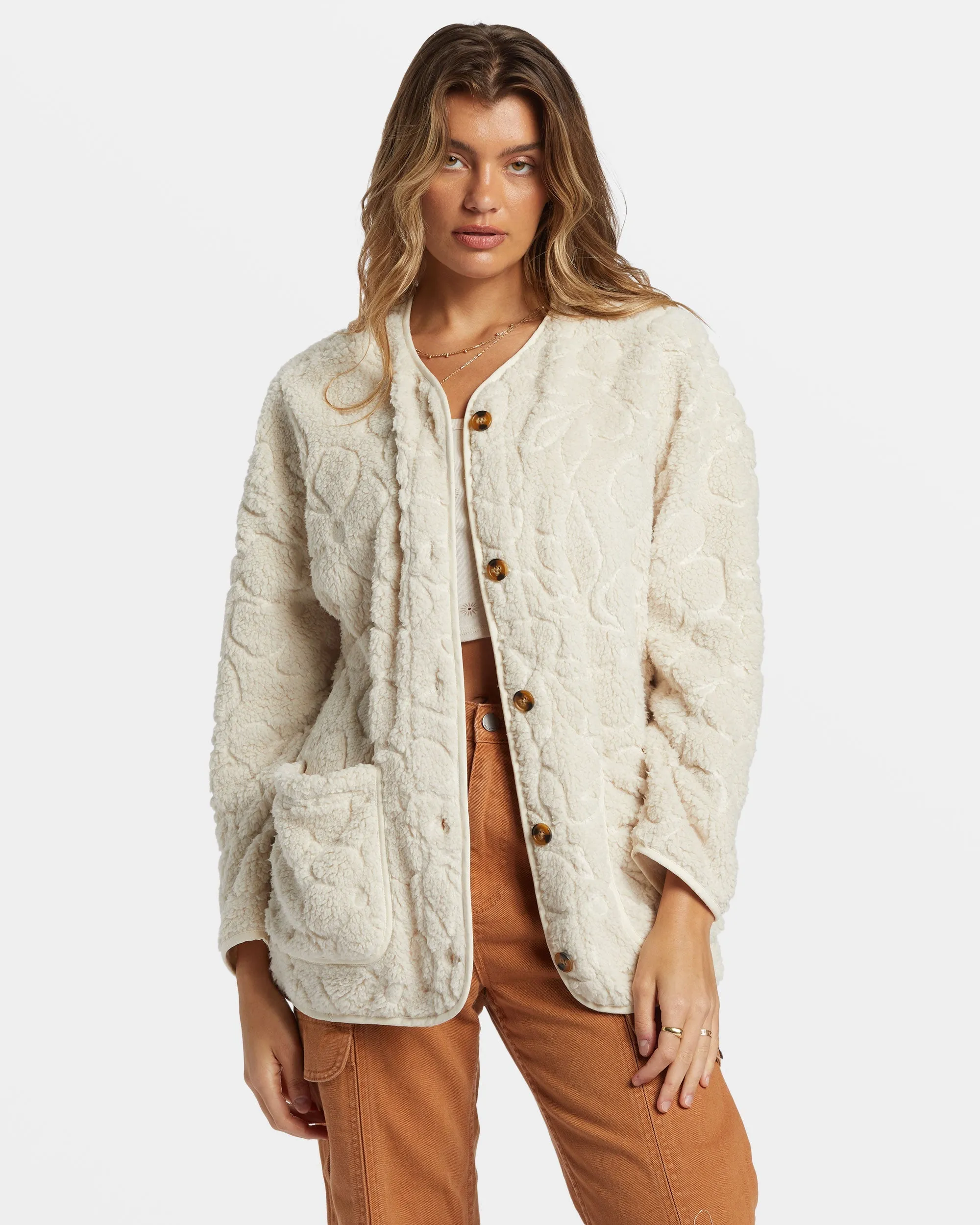 Fireside Cozy Buttoned Fleece Jacket - White Cap