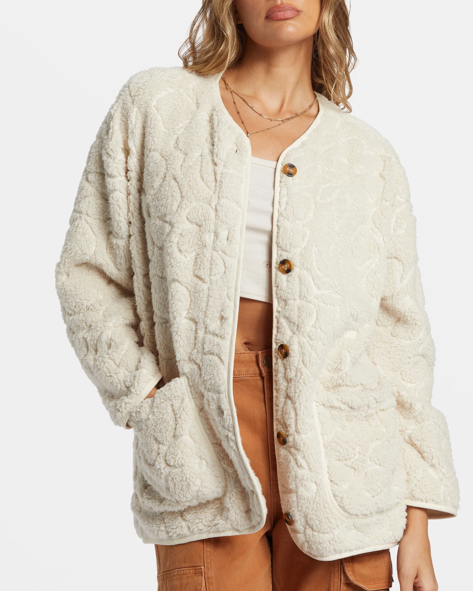 Fireside Cozy Buttoned Fleece Jacket - White Cap