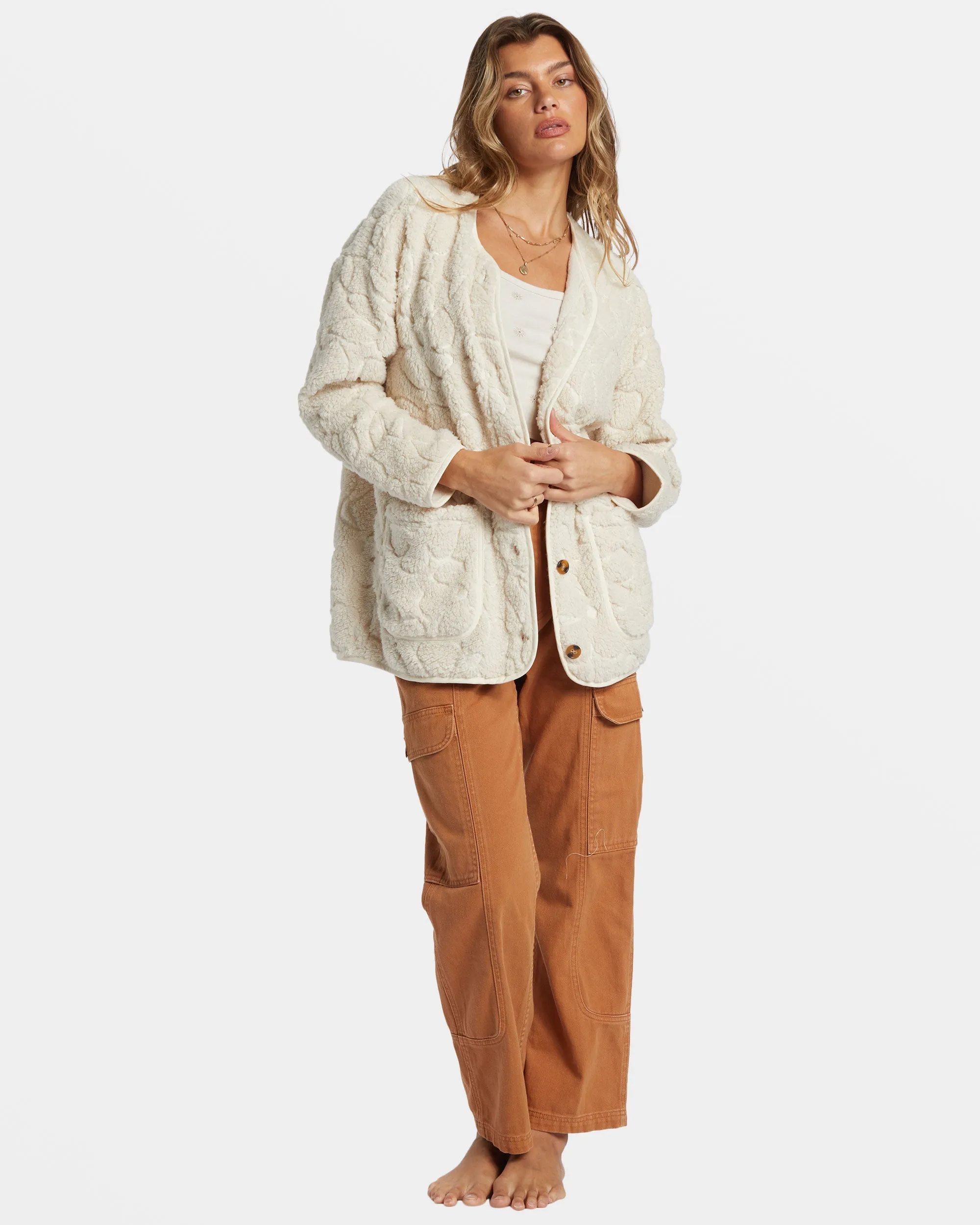 Fireside Cozy Buttoned Fleece Jacket - White Cap