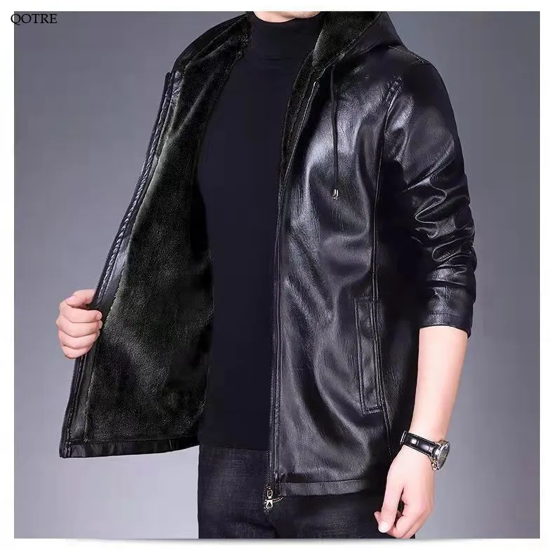 Fleece-Lined Insulated Hooded Leather Jacket