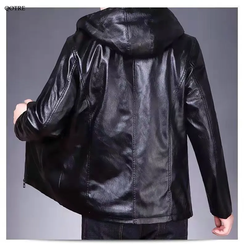 Fleece-Lined Insulated Hooded Leather Jacket