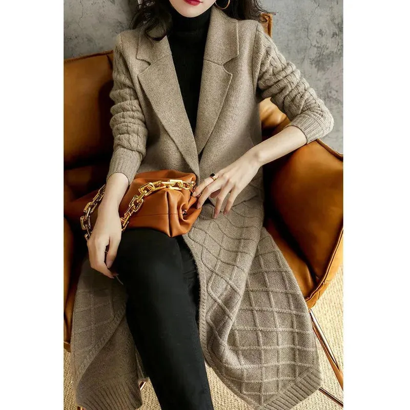 Flytonn-Cashmere cardigan female hemp add thick long sweater autumn winter new fund languid lazy loose sweater coat