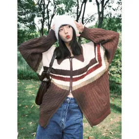 Flytonn-Fall Outfits Women Outwear Streetwear -women fall outfits high street ins style  college outfits American Retro Twist Sweater Women's Autumn and Winter Lazy Style Loose Cardigan Striped Contrast Color Double Zipper Sweater Coat