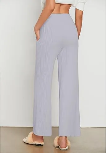 Grey  Women's Ankle-Length High-Waist Pants Relaxed Fit Wide-Leg Pull-On Side Pocket