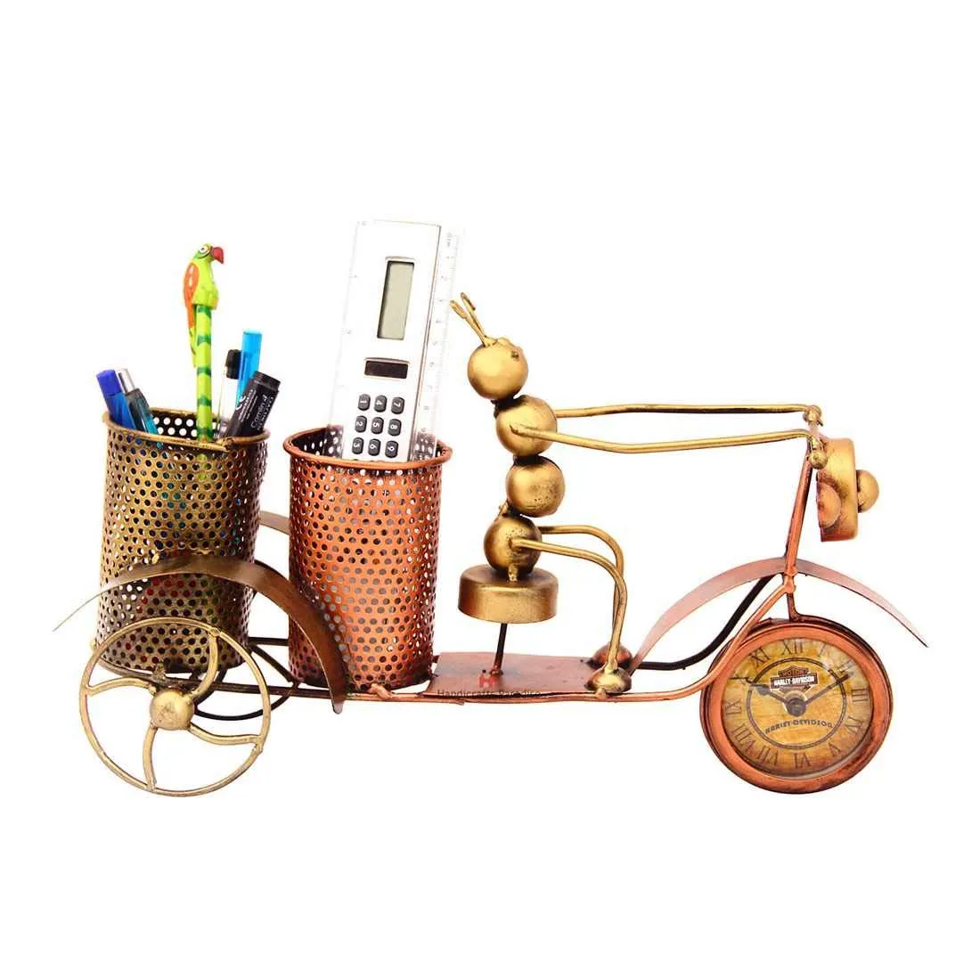 Handicrafts Paradise Metal Rickshaw Double Penstand with Ant with Clock Showpiece for Home Decor (15 inch)