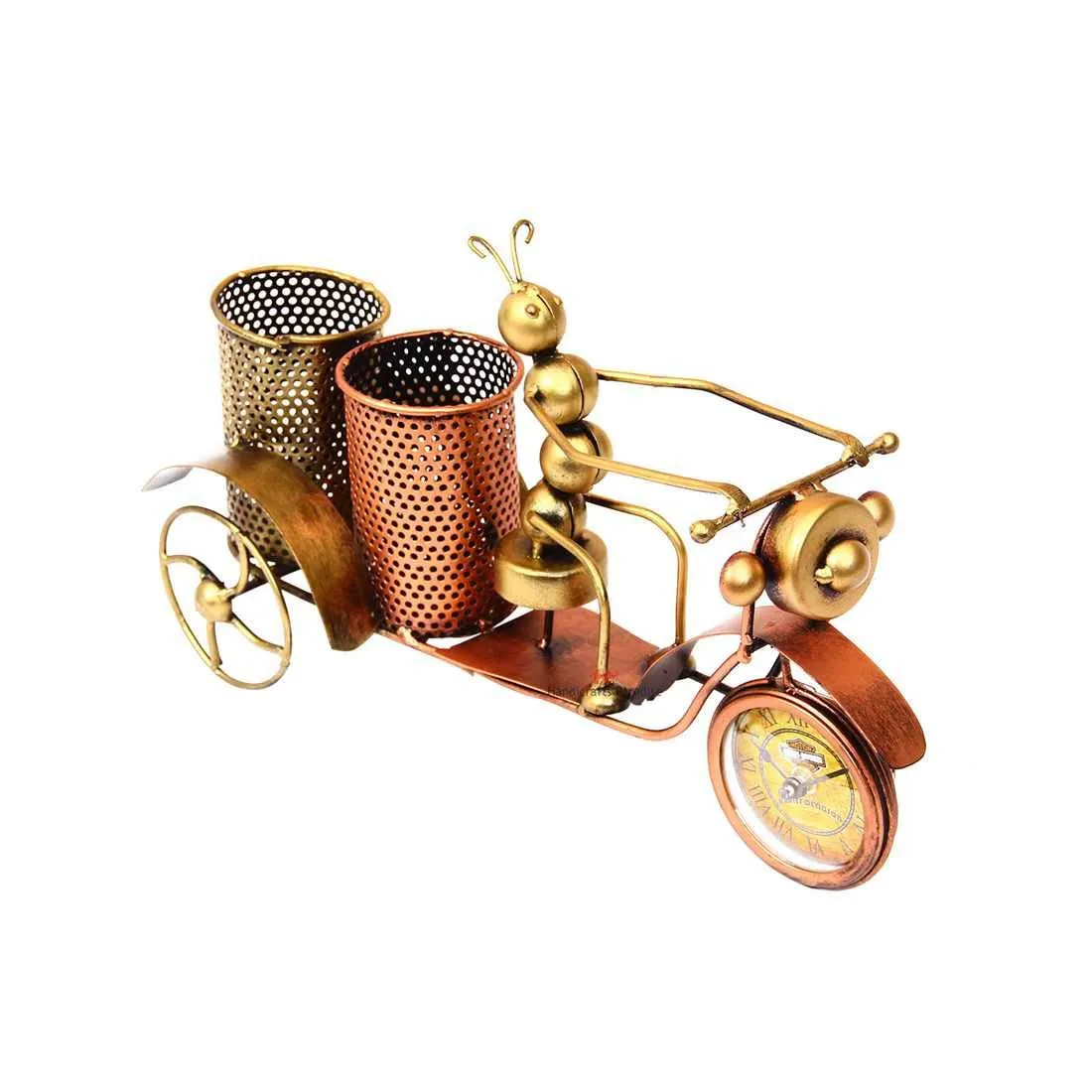 Handicrafts Paradise Metal Rickshaw Double Penstand with Ant with Clock Showpiece for Home Decor (15 inch)