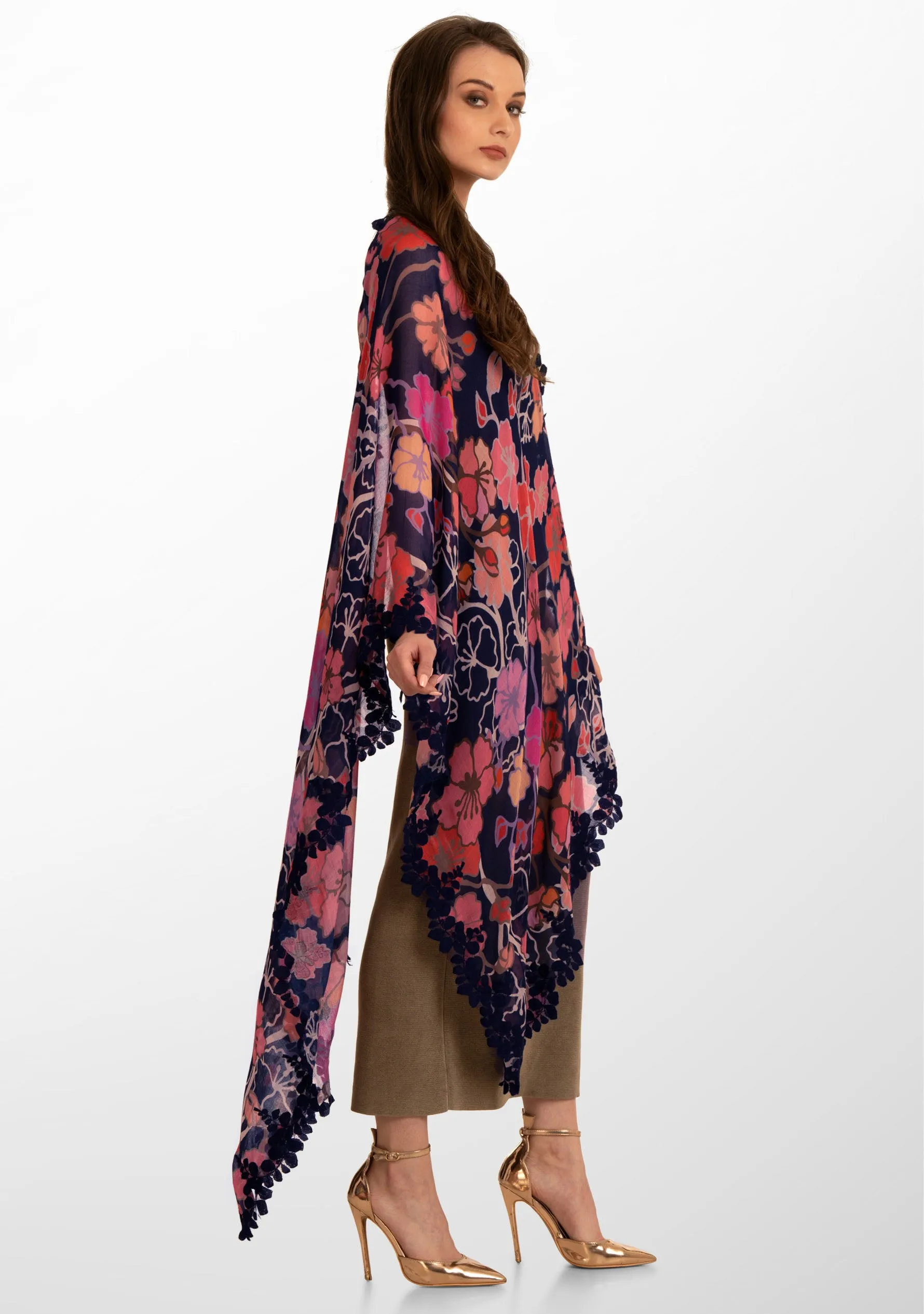 Hibiscus Floral Print Modal and Silk Scarf with a Scalloped Navy Blue Lace Border