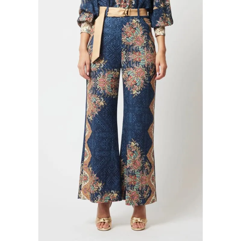 Imperial Linen Viscose Wide Leg Pant | Oriental Print