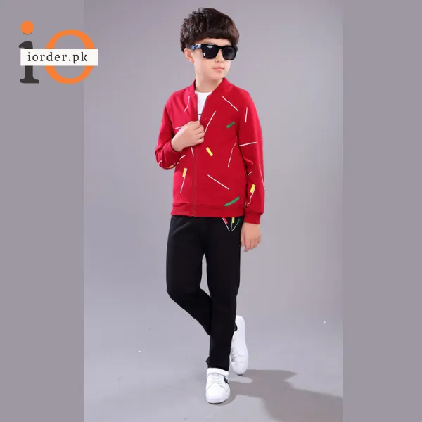 Kids Red Printed Zipper with Warm Black Trouser ( 3 Piece )